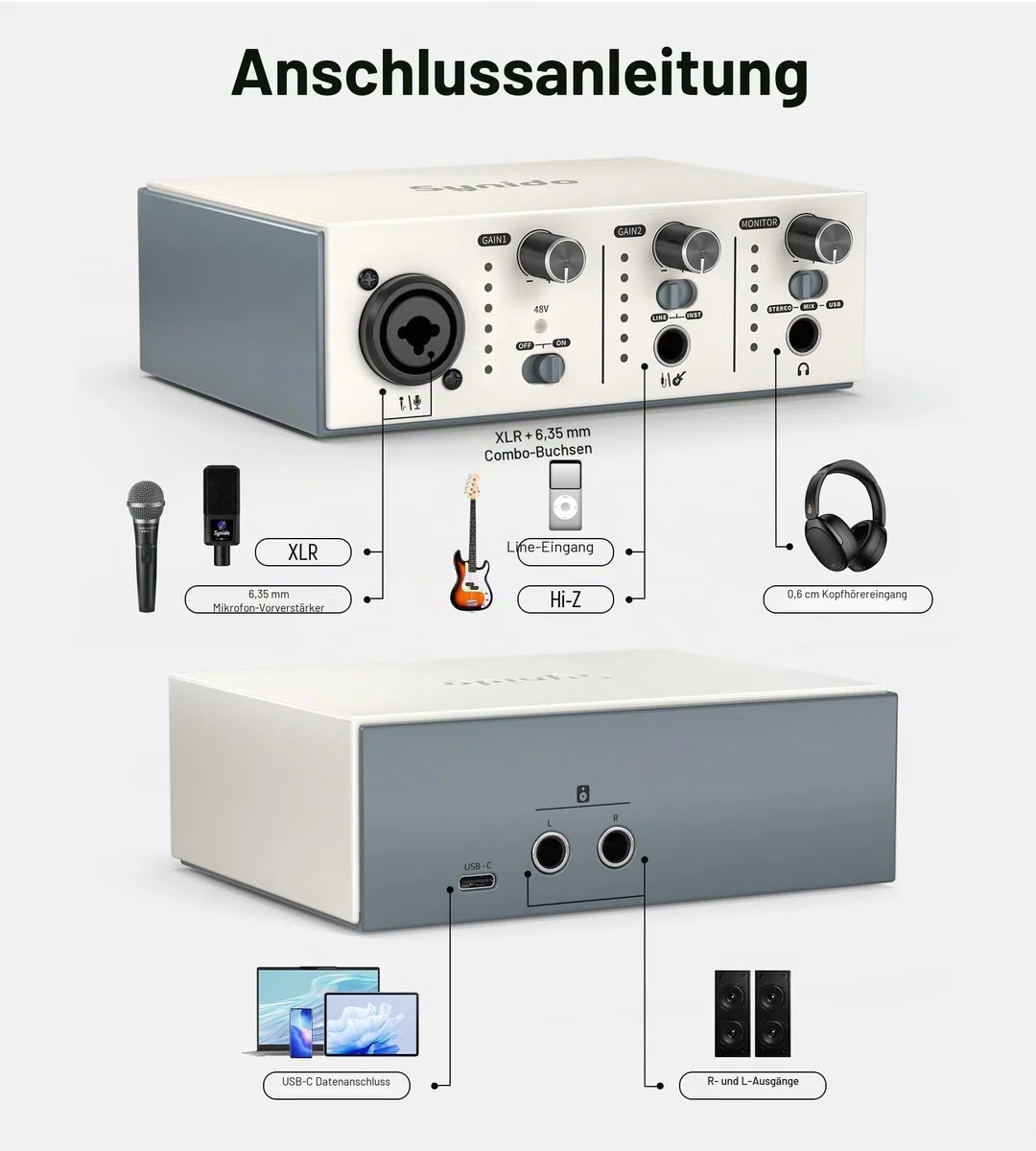 Synido USB-C Audio Interface für Aufnahme, Musikproduktion,Streaming,Podcasting Live Auftritte 2 Kanäle, 24bit/48kHz, 48VPhantomspeisung, XLR/Klinken Eingänge, 3 Monitoring Modi, für Mac/PC, Silber