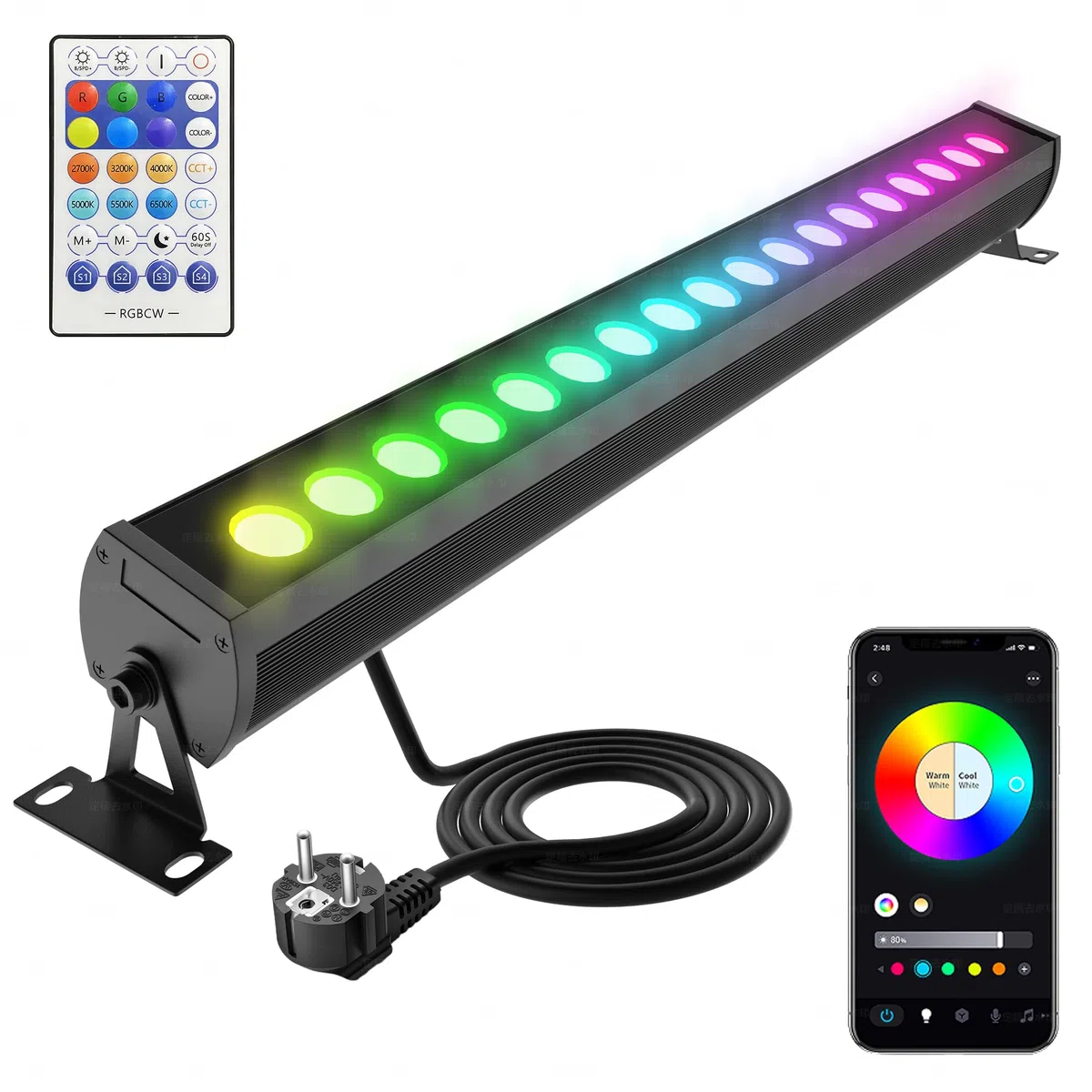 RGB LED Spotlight, 90W RGB Wallwasher Light with Remote Control and Bluetooth App, 16 Million Colour 50 Modes, IP65 Waterproof, Dimmable, Light Bar for Party, Bar, Disco Celebrations