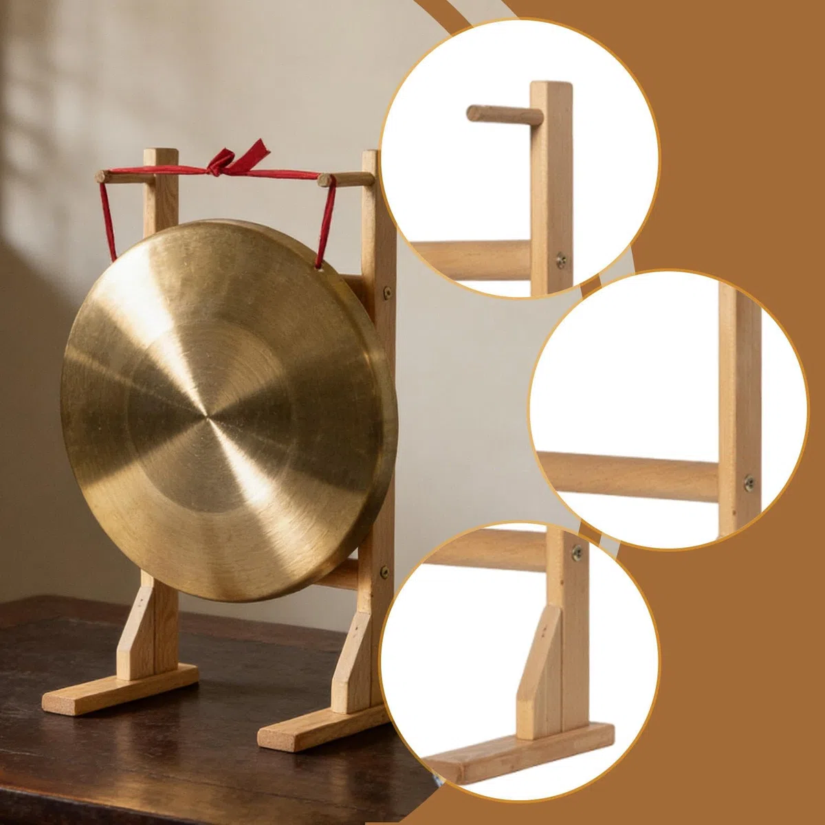 Gongständer Aus Holz für Gongs bis 40 Cm (15,75 Zoll), Vielseitig Einsetzbar, Tragbar, Als Präsentationsständer Oder Windspielständer für Schreibtisch