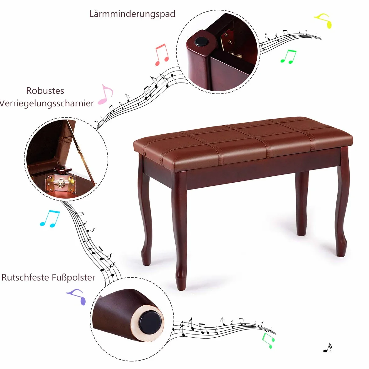 COSTWAY Klavierbank Klavierhocker aus Massivhoz, Pianobank gepolstert, Piano Sitzbank, Keyboardbank Pianobank 75x35x49cm (Braun)