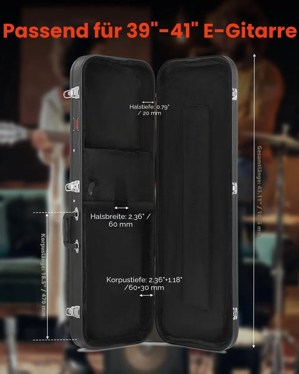VEVOR Hartschalenkoffer für E-Gitarre, rechteckiger 1095mm Gitarrenkoffer, mit Schloss, PVC-Polsterung, weichem Futter, wasserabweisendem Case, Geeignet für 39 Zoll/99 cm E-Gitarren, schwarz
