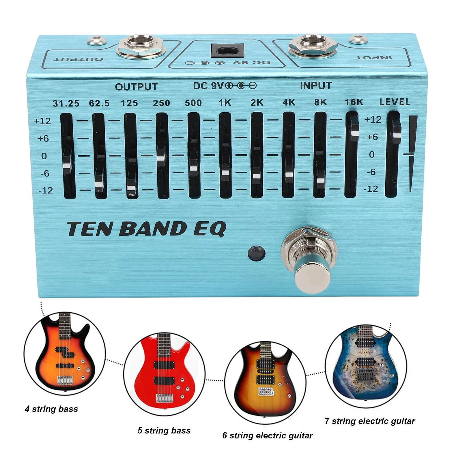 10 Band EQ EQ Pedal 10 Band EQ Single Block Gitarre Bass Mini Equalizer Effektpedal mit True Bypass Aluminium Körper Band Controller DC9V
