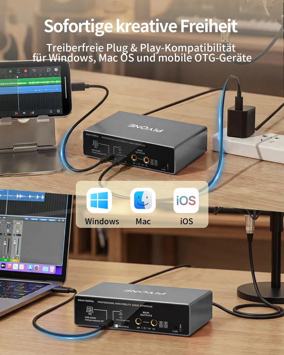 Audio-Interface, 2X2 24-Bit/192kHz Interface für High-Fidelity & Studioqualität, PC/Mac/iOS-Aufnahmen, XLR/TRS-Kombieingang, Monitor-Mix/Loopback-Funktion, Ein-Kabel-Lösung (Aluminium-Grau)
