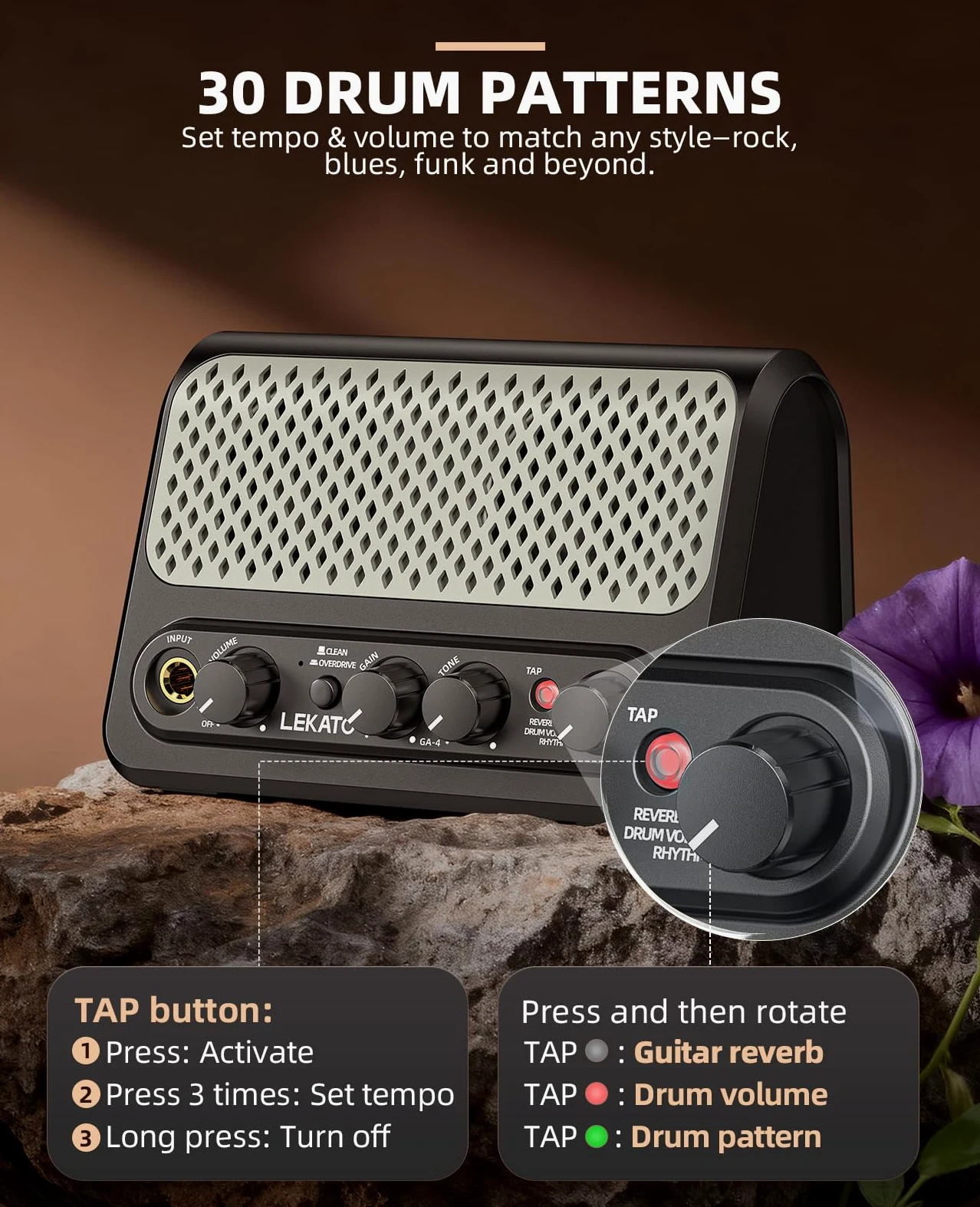 LEKATO Mini-Gitarrenverstärker mit integrierter Drum-Machine – 10 W tragbarer E-Gitarrenverstärker, Clean/Overdrive, 30 Rhythmen, Bluetooth, Kopfhörerausgang, 7 Stunden Akkulaufzeit, Typ-C-Aufladung