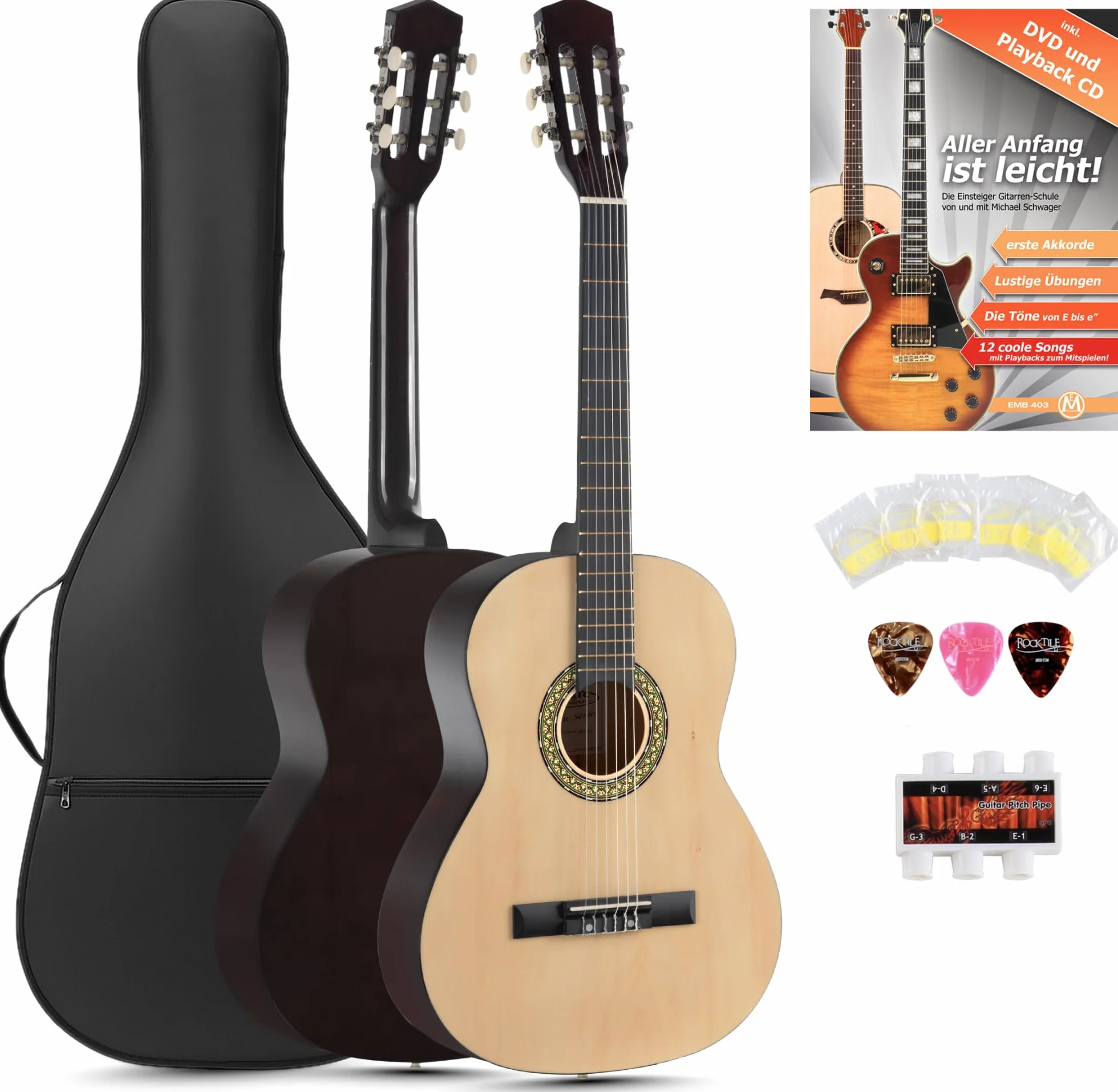 Classic Cantabile Acoustic Series AS-851-L Klassikgitarre 7/8 für Linkshänder Starter-SET (Konzertgitarre, Bag/Tasche, Schule, CD, DVD, Plektren, Saiten, Stimmpfeife) natur