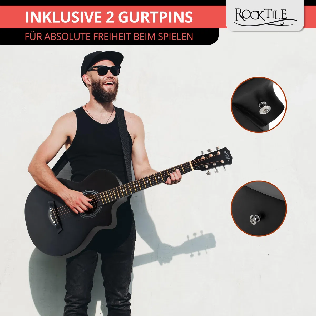 Rocktile Westerngitarre - 6 saitige kompakte Concert-Korpus Akustikgitarre mit Cutaway - Decke, Boden & Zarge aus Linde - Ideal für Einsteiger, Jugendliche & kleine Hände - Schwarz Seidenmatt