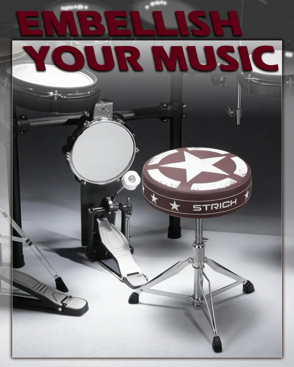 STRICH Drum Throne, höhenverstellbarer gepolsterter Sitz, Drum-Hocker, strapazierfähiger Drehstuhl für Schlagzeuger, ausgefallenes Design, doppelt verstrebter Hocker mit 5A-Drumsticks, SDB-20P, Braun