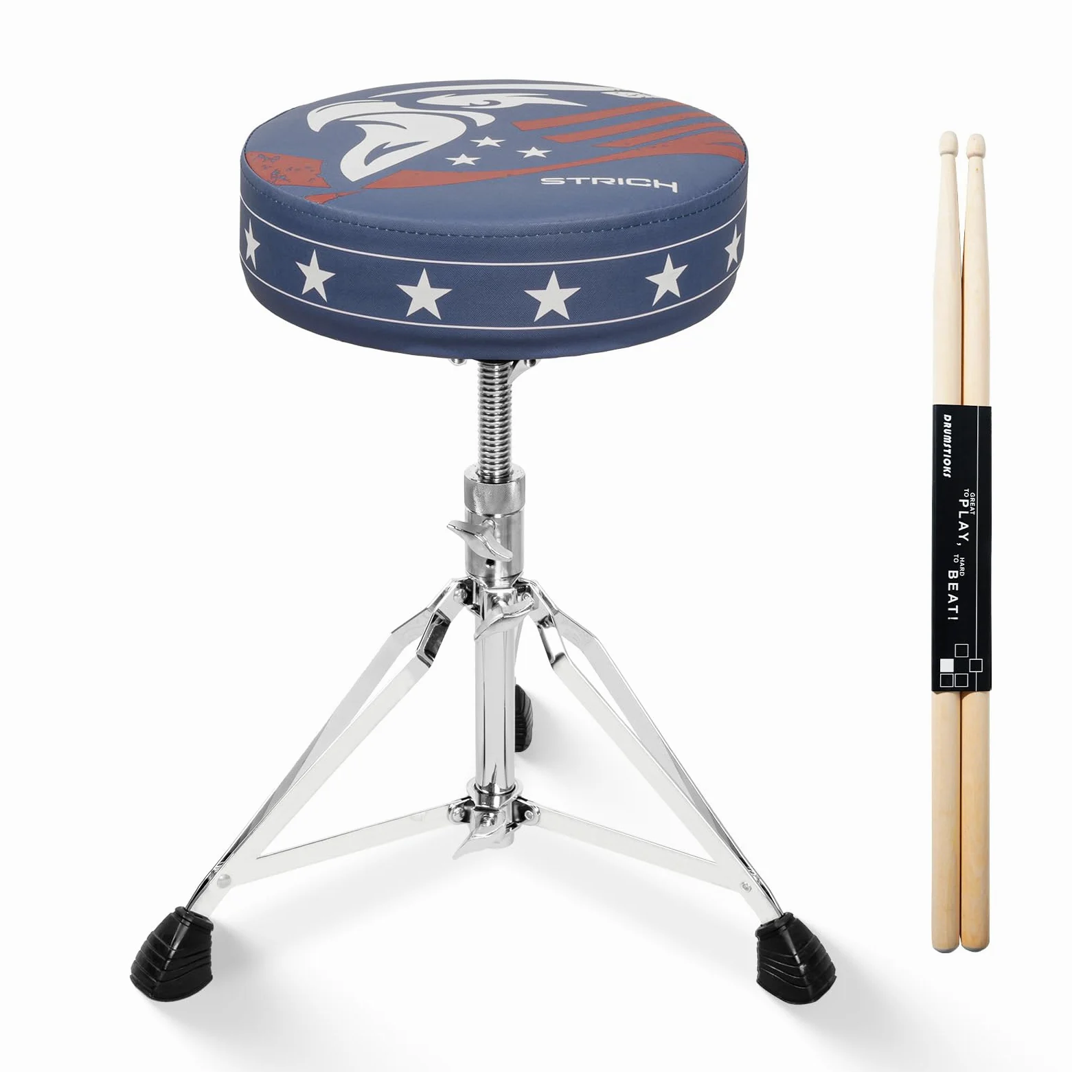 STRICH Drum Throne, höhenverstellbarer gepolsterter Sitz, Drum-Hocker, strapazierfähiger Drehstuhl für Schlagzeuger, ausgefallenes Design, doppelt verstrebter Hocker mit 5A-Drumsticks, SDB-20P, Blau