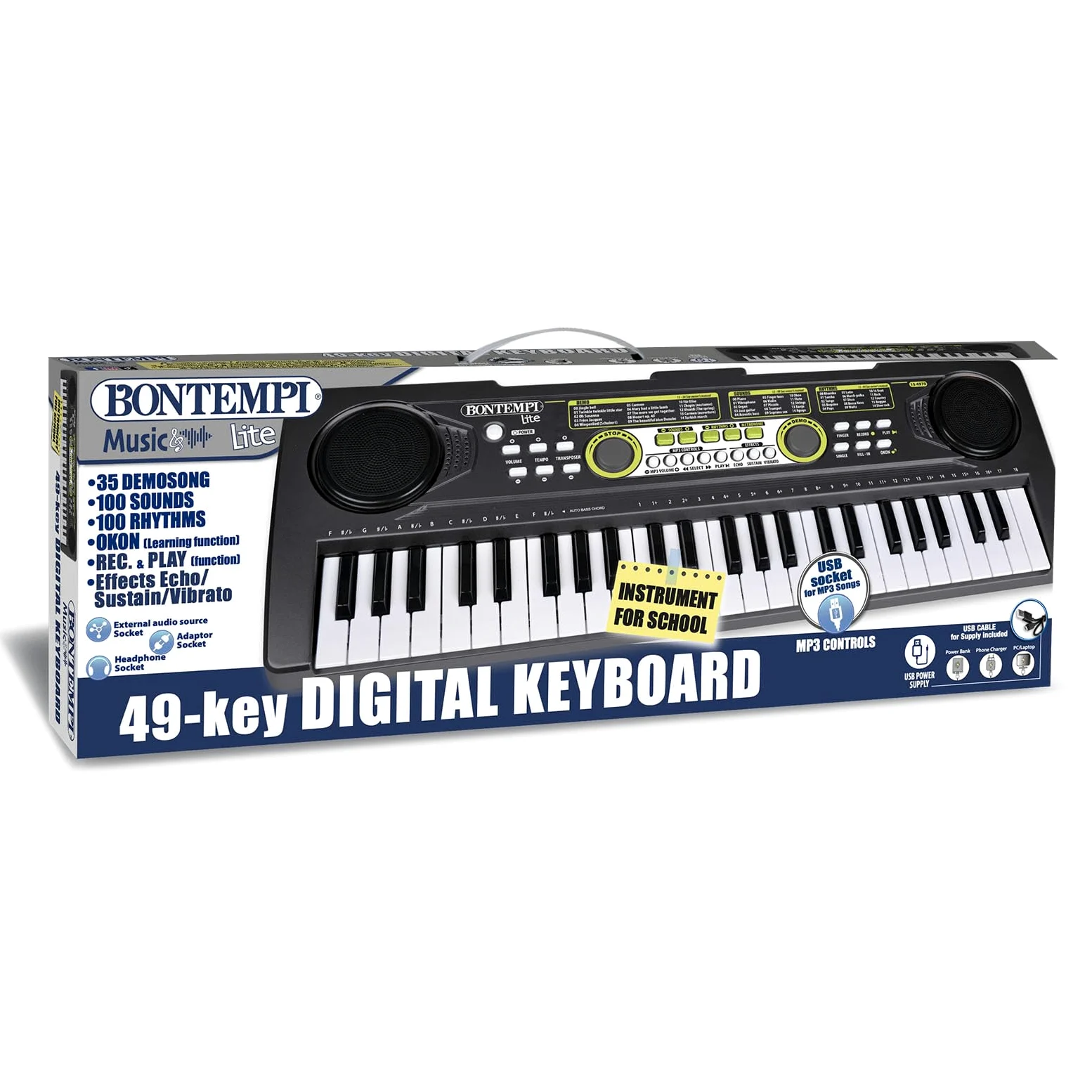 Bontempi | Digital-Keyboard 49 Tasten, 35 Voraufgenommene Songs, 100 Klänge, 100 Rhythmen, Metronom und Transposer-Funktion, 52,6x18x4 cm