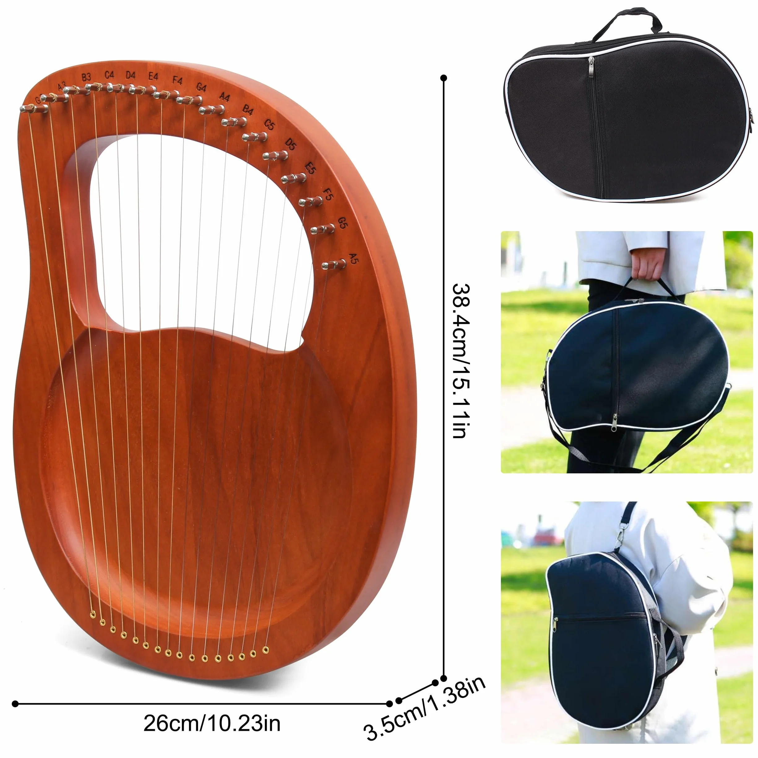 Kleine Lyre Harfe, 16 Saiten, Mahagoni-Laugenharfe mit Metall Saiten, Tragbare Harfe im Antiken Stil mit Stimmschlüssel und Tragetasche, Braun