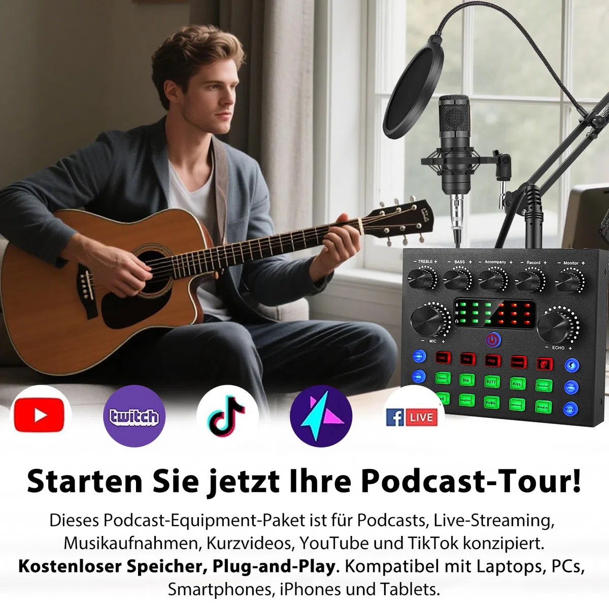 Podcast Mikrofon Bündeln – komplettes Aufnahmestudio mit Mikrofon, Stimmenverzerrer und Podcasting Ausrüstung für Live-Streaming (YouTube, TikTok), Podcast, Aufnahme, Gesang,Gaming,PC/Laptop