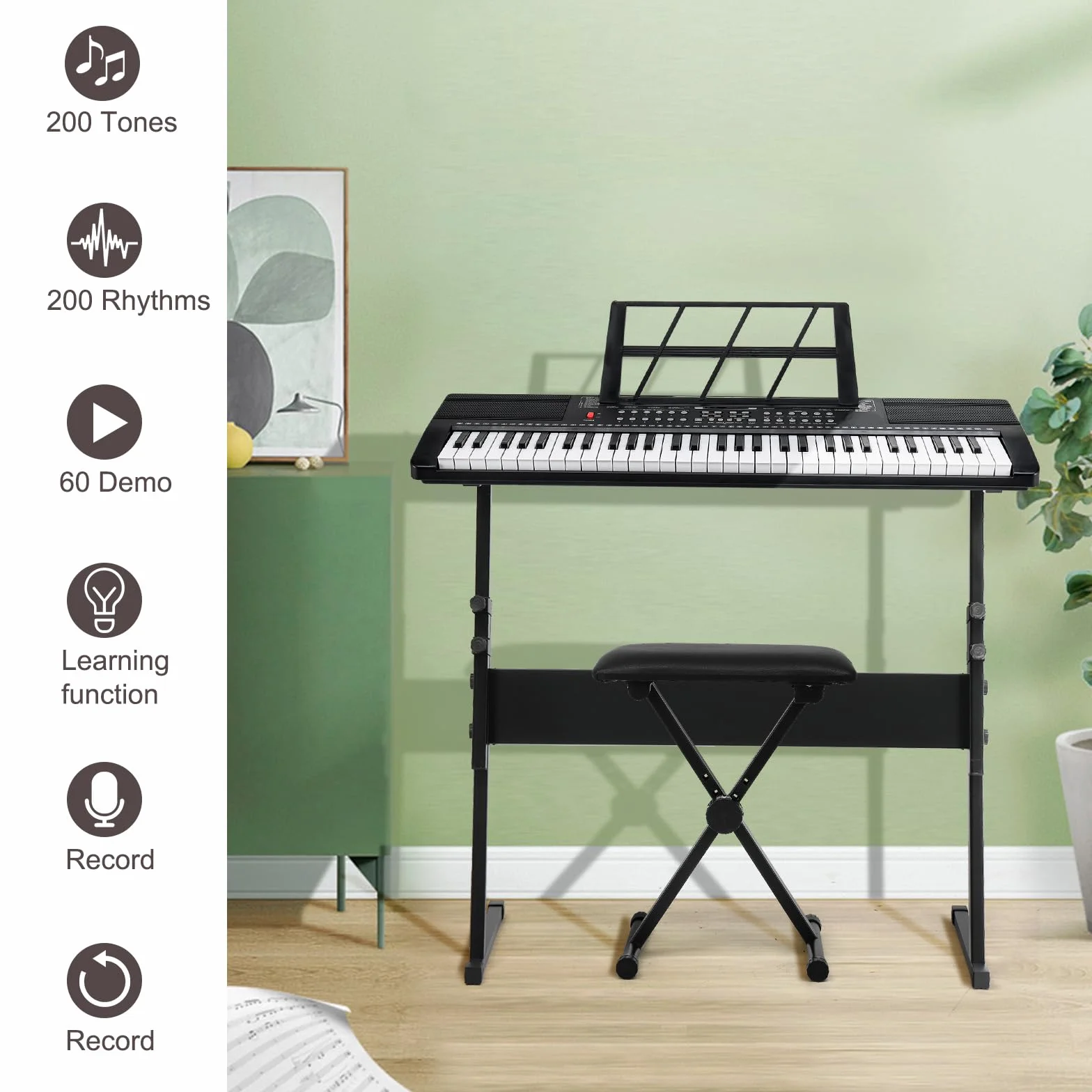 LEADZM Keyboard Piano 61 Tasten, Digital Piano mit Keyboardständer, Klavierbank, Notenständer, Kopfhörer, Mikrofon, LED-Bildschirm, 3 Lernmodi für Anfänger