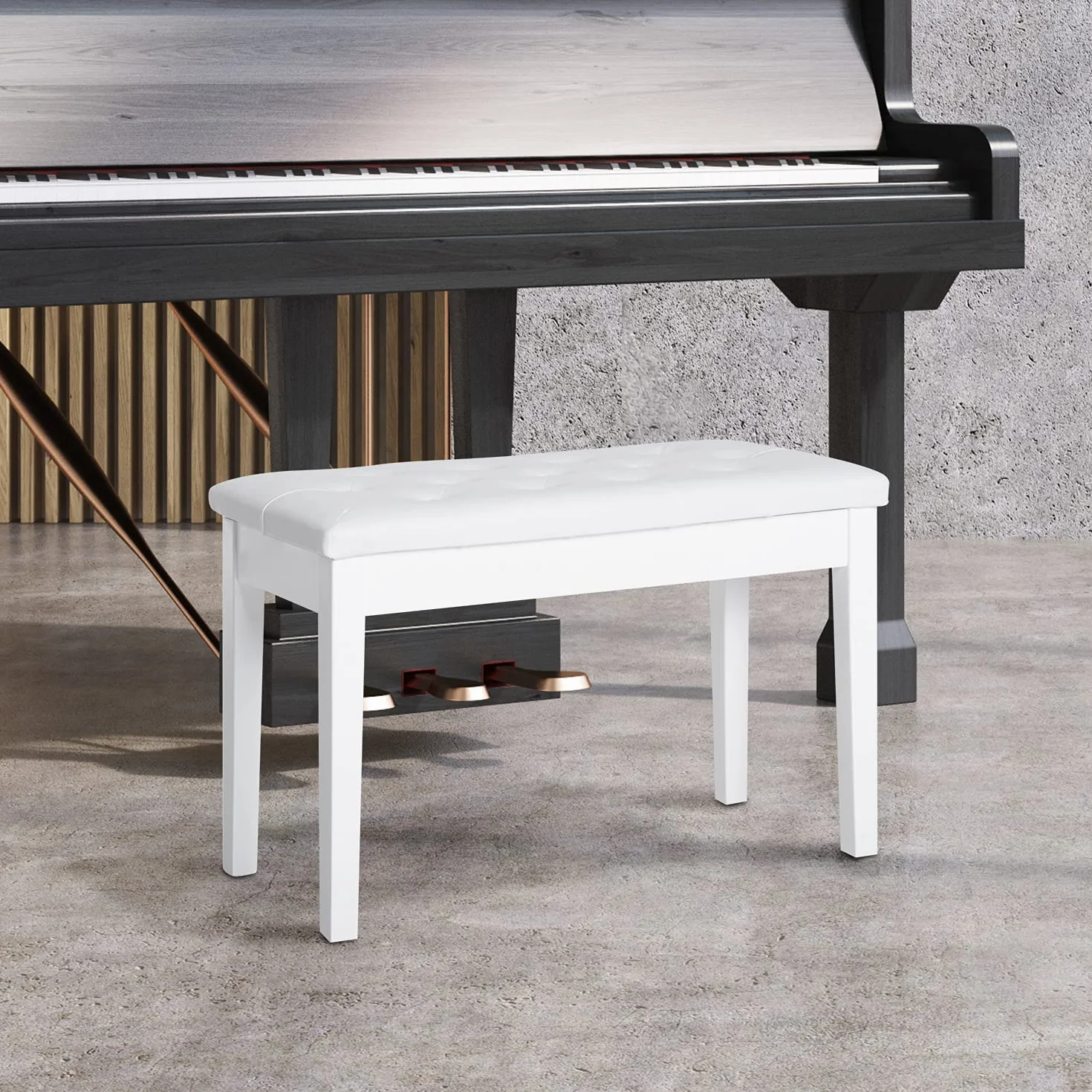 HOMCOM Klavierhocker, Klavierbank mit Verstecktem Stauraum, Klavierstuhl mit Kunstleder Kissen, Pianobank, Massivholz Keyboardbank für Piano, Keyboard, 76 x 36 x 50 cm, Weiß
