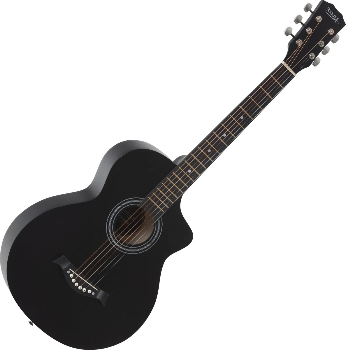 Rocktile Westerngitarre - 6 saitige kompakte Concert-Korpus Akustikgitarre mit Cutaway - Decke, Boden & Zarge aus Linde - Ideal für Einsteiger, Jugendliche & kleine Hände - Schwarz Seidenmatt