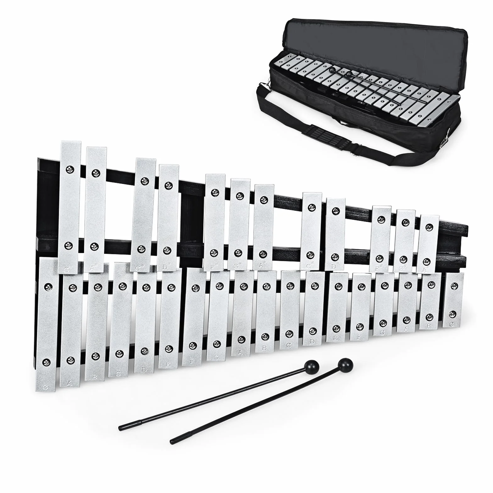 COSTWAY 30 Noten Xylophon Glockenspiel, mit 2 Schlägeln & Tragetasche, Musikinstrument Holz Aluminum, Percussion Geeignet für Kinder und Erwachsene, Weiß+Schwarz