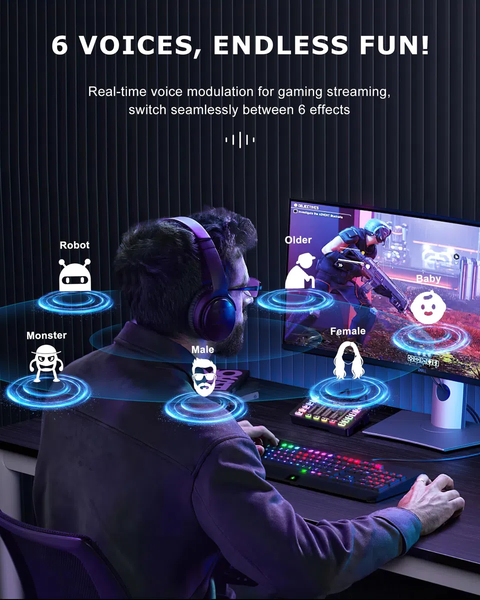 Gaming Sound Board Audio Interface Voice Changer für PC PS4 PS5 Streaming Mixer Soundboard Kompatibel mit XLR Kondensator/Dynamisches Mikrofon