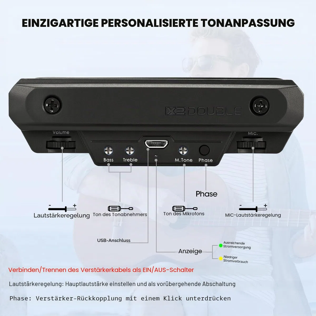 Aktives wiederaufladbares akustisches Gitarrenmikrofon, verstellbar mit Magnetspule und integriertem Lautstärkeregler