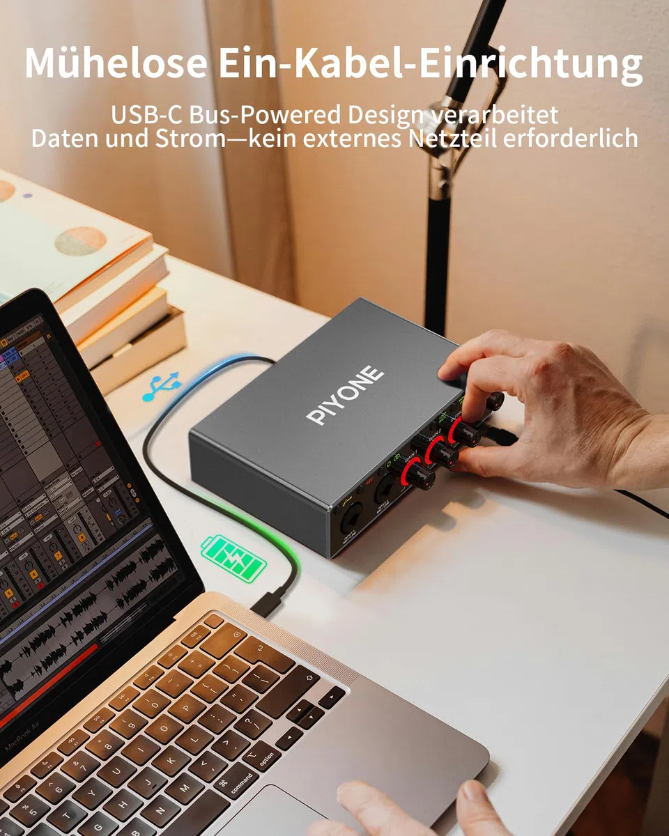 Audio-Interface, 2X2 24-Bit/192kHz Interface für High-Fidelity & Studioqualität, PC/Mac/iOS-Aufnahmen, XLR/TRS-Kombieingang, Monitor-Mix/Loopback-Funktion, Ein-Kabel-Lösung (Aluminium-Grau)