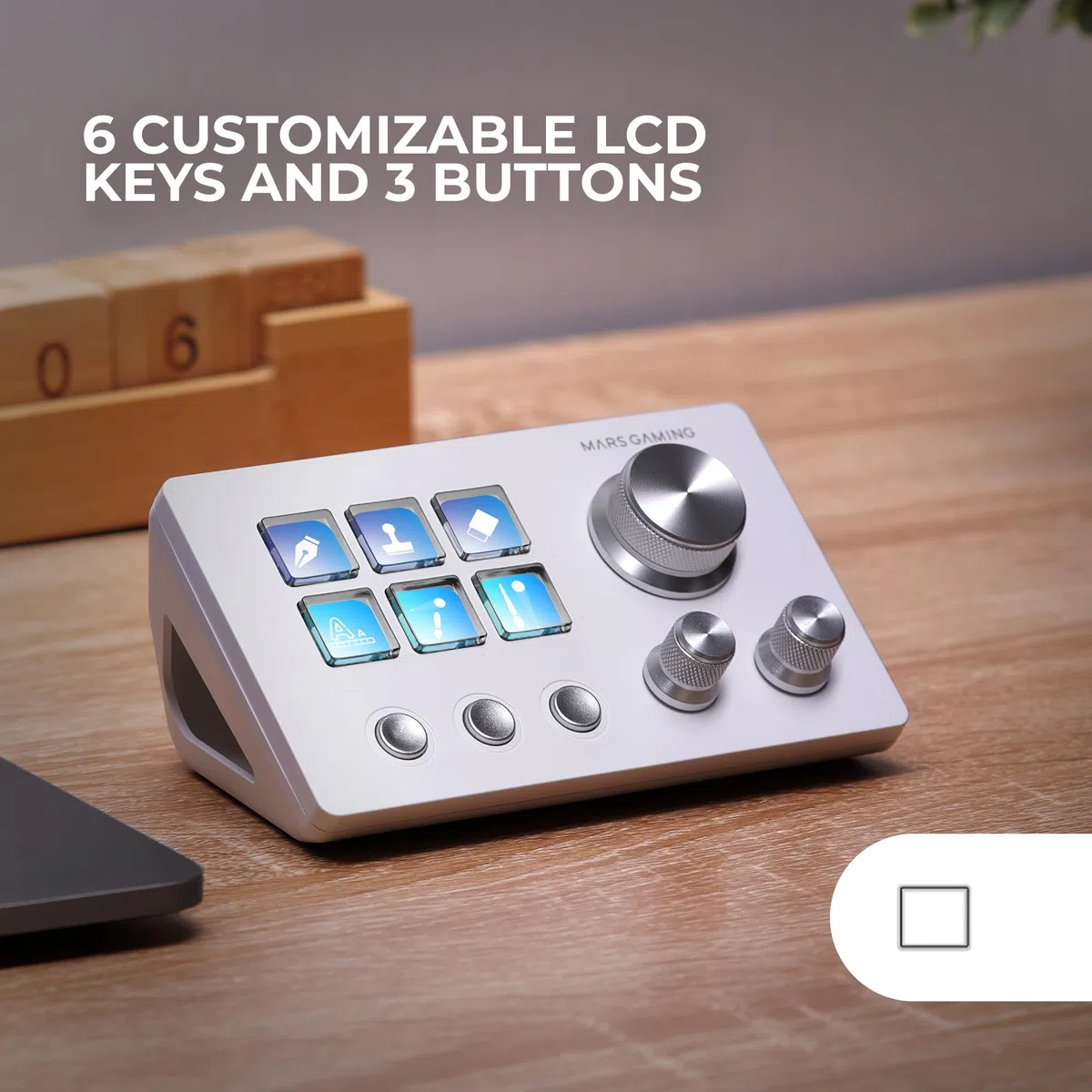 Mars Gaming MSD-Two, Kompaktes Control Deck, 6 Anpassbare LCD-Tasten + 3 Tasten, 3 Multifunktionale Räder, Ergonomisches Slim Control Deck, Steuerungssoftware und Plug-ins, Windows und MacOS, Weiß
