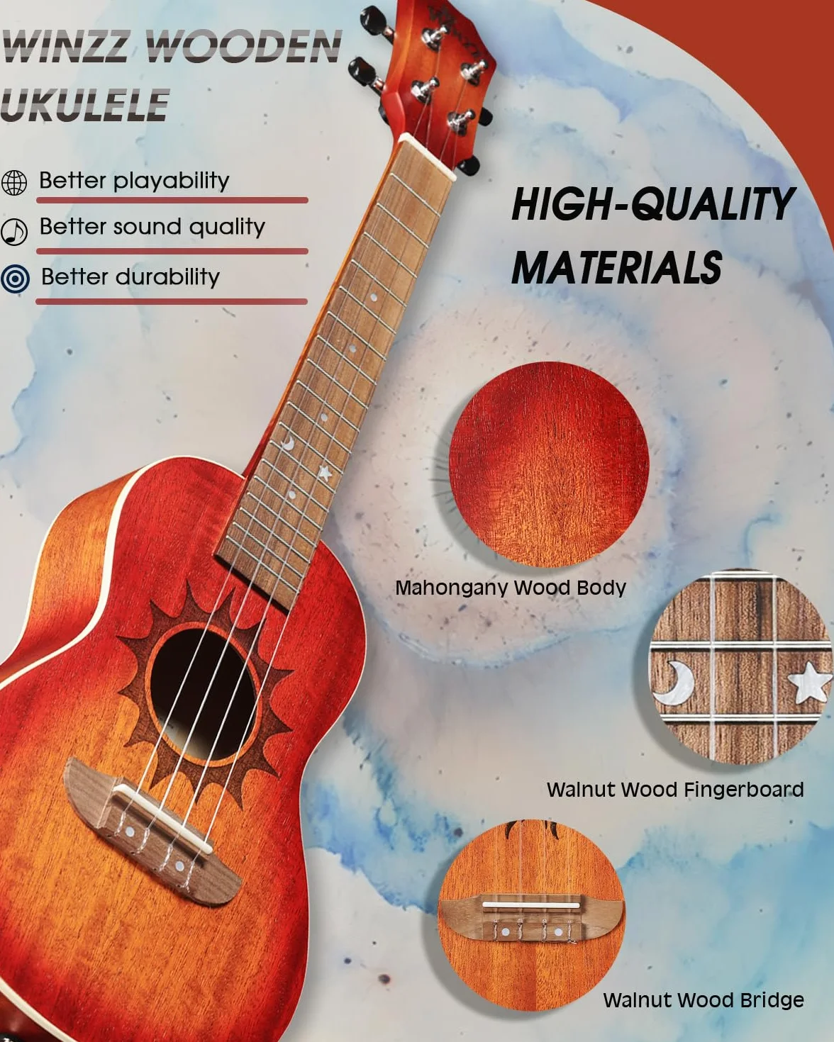 Winzz Ukulele Erwachsene Konzert 23 Zoll Anfänger Set Mahagoni-Holz, Kinder Einsteiger, Einzigartige Ukulele Kaufen Geschenke (Carbon Saiten, Matte Sunburst)