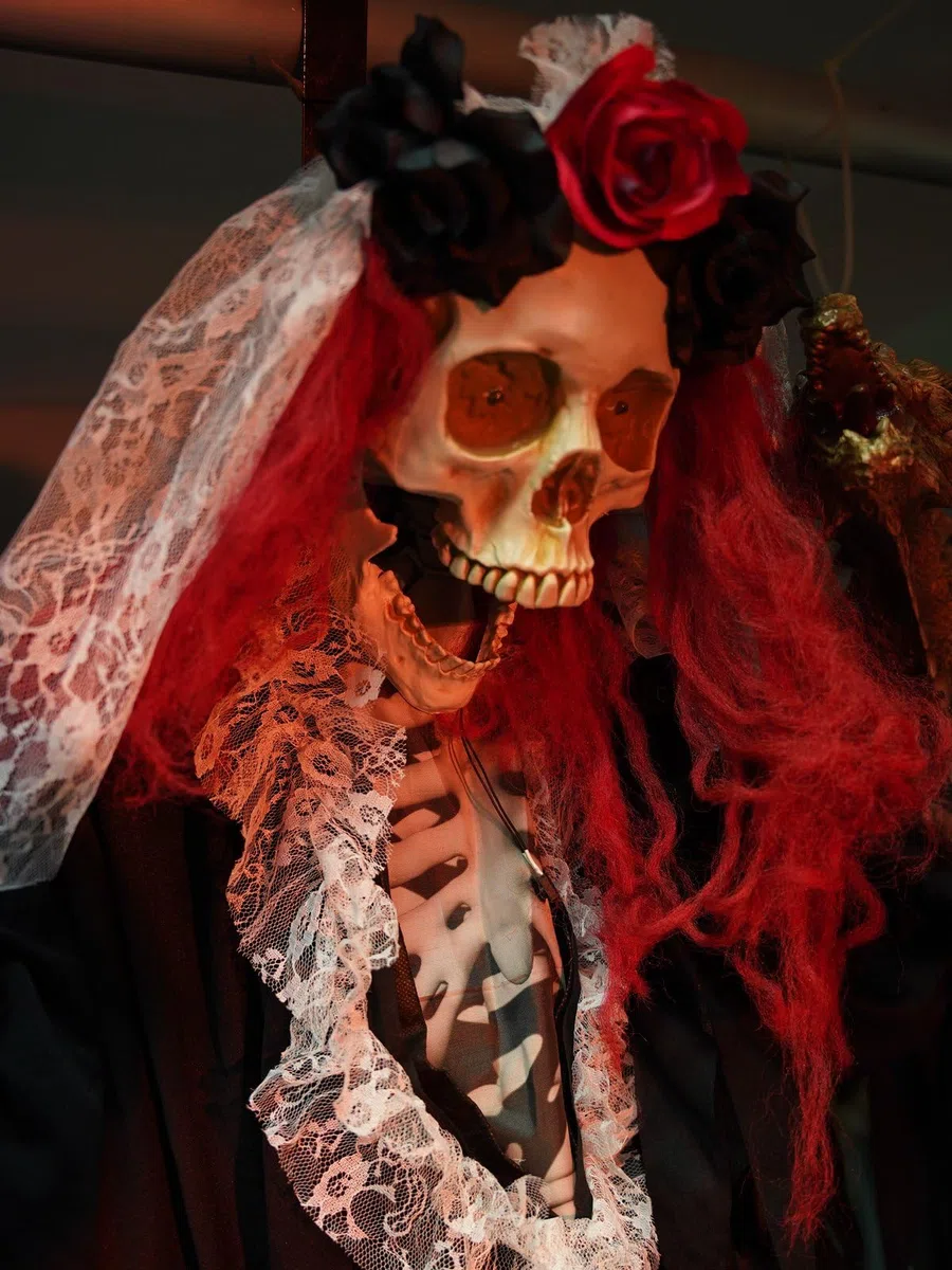 EUROPALMS Halloween Figur Skelett La Catrina, animiert, 100cm | Animierte Figur mit Licht-, Sound- und Bewegungseffekten