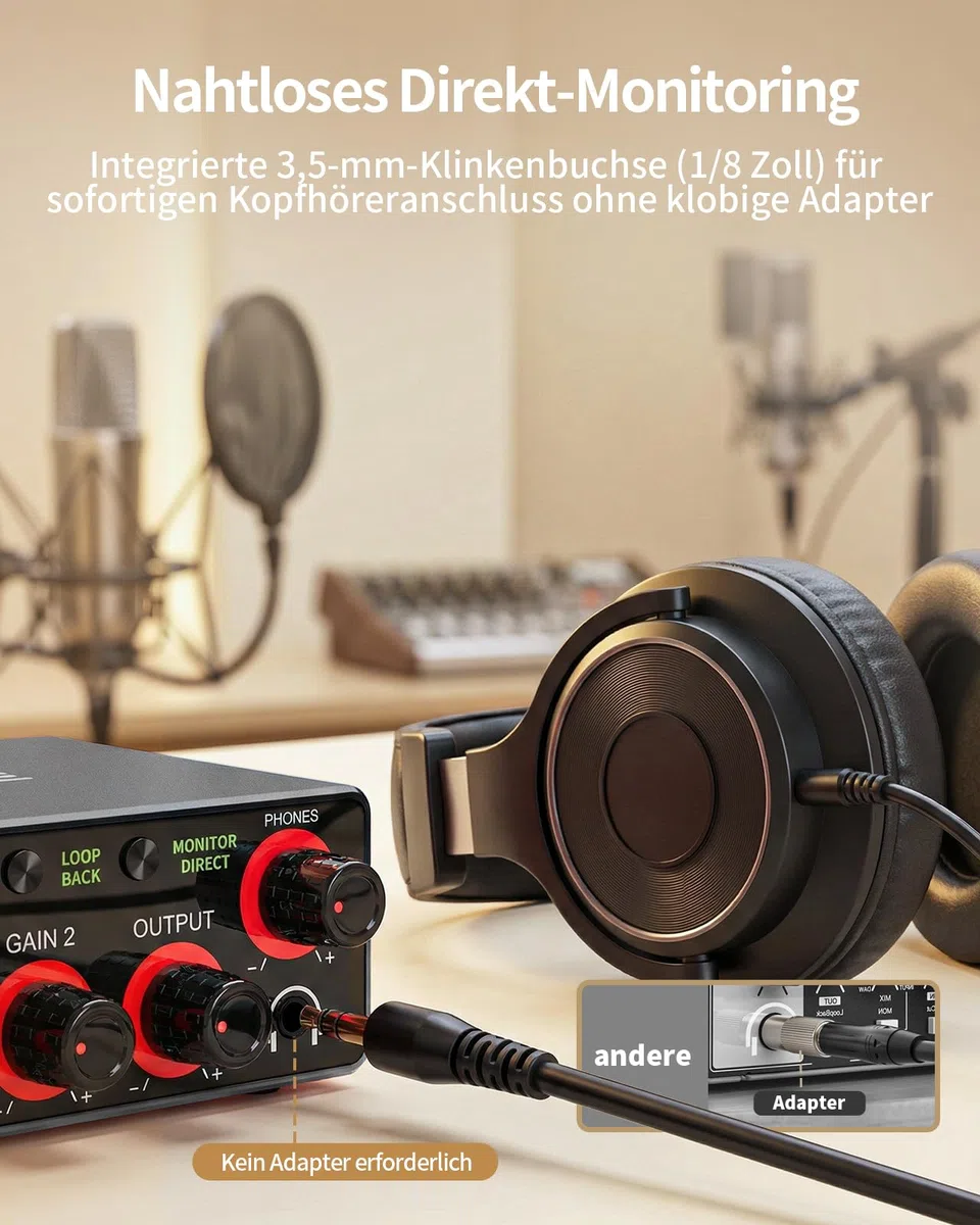Audio-Interface, 2X2 24-Bit/192kHz Interface für High-Fidelity & Studioqualität, PC/Mac/iOS-Aufnahmen, XLR/TRS-Kombieingang, Monitor-Mix/Loopback-Funktion, Ein-Kabel-Lösung (Aluminium-Grau)