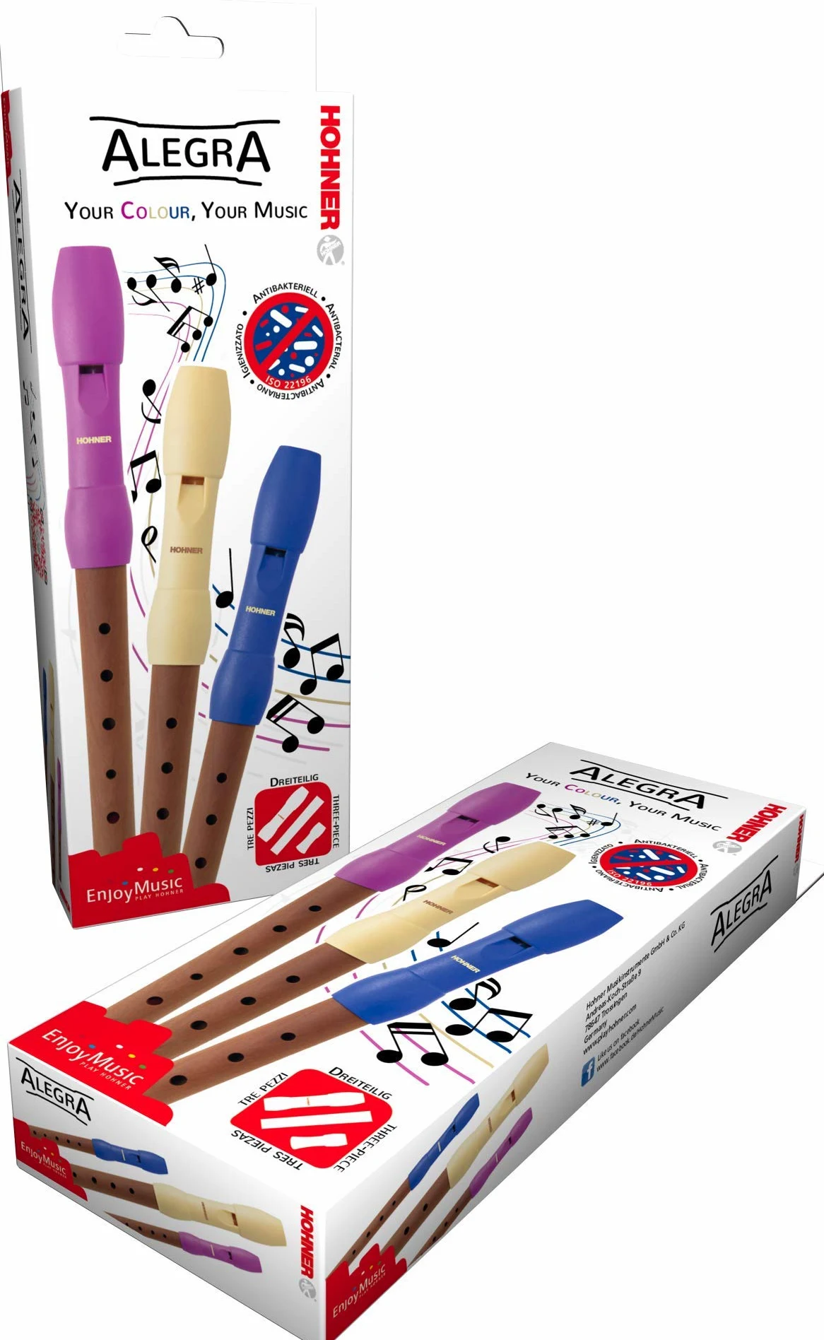 HOHNER Blockflöte, Alegra Line, blau, deutsch, dreiteilig
