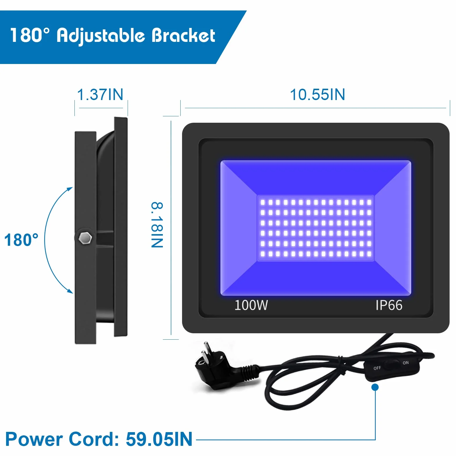 Eleganted 100W LED Schwarzlicht Strahler 365nm UV Fluter IP66 Wasserdicht Schwarzlicht Party Scheinwerfer mit ON/OFF für Halloween Aquarium Konzert Party,Bar