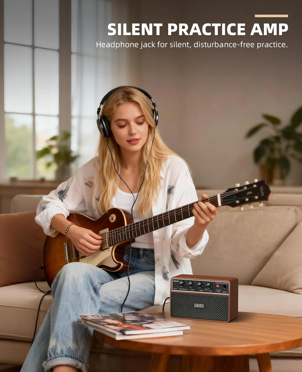 Mini-Gitarrenverstärker, LEKATO 10 W tragbarer Gitarrenverstärker mit Clean-/Overdrive-Kanälen, Bluetooth, Kopfhörerausgang und 6-Stunden-Akku, für das Üben zu Hause und Musikpartys
