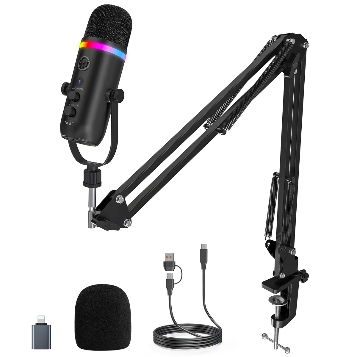 zealsound Podcast Mikrofon mit Arm -RGB Rauschunterdrückung Gaming Kondensatormikrofon für PC & Handy mit Mute-Taste & Echo für TikTok Streaming, Youtuber - Kompatibel mit iPhone, Mac & Windows