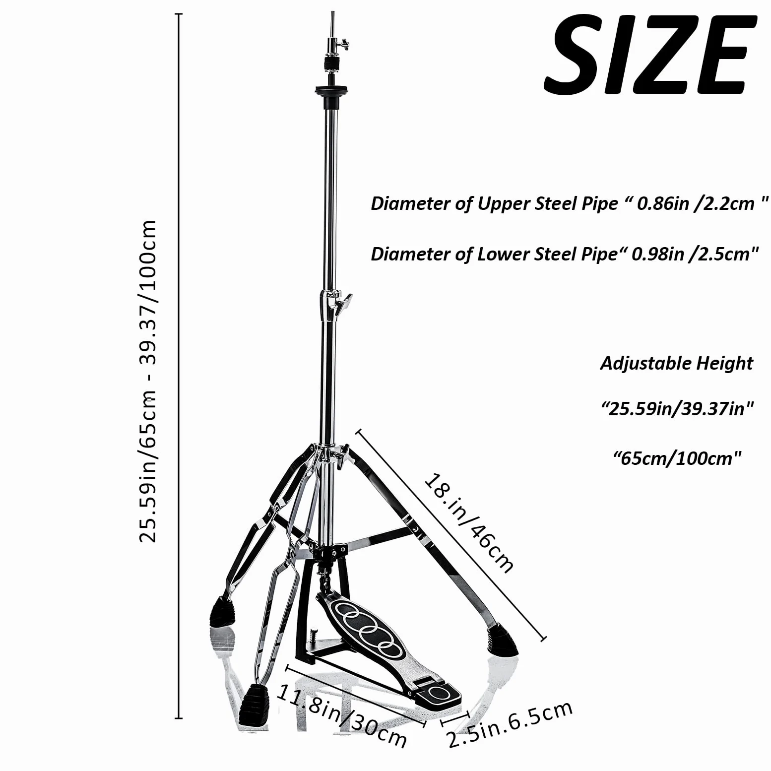 Hi-Hat-Ständer, Stativunterstützung, höhenverstellbar von 23,6" bis 39,3", doppelstrebiger High-Hat-Ständer mit verbreiterten, rutschfesten Gummifüßen(V-CC-YQ06)
