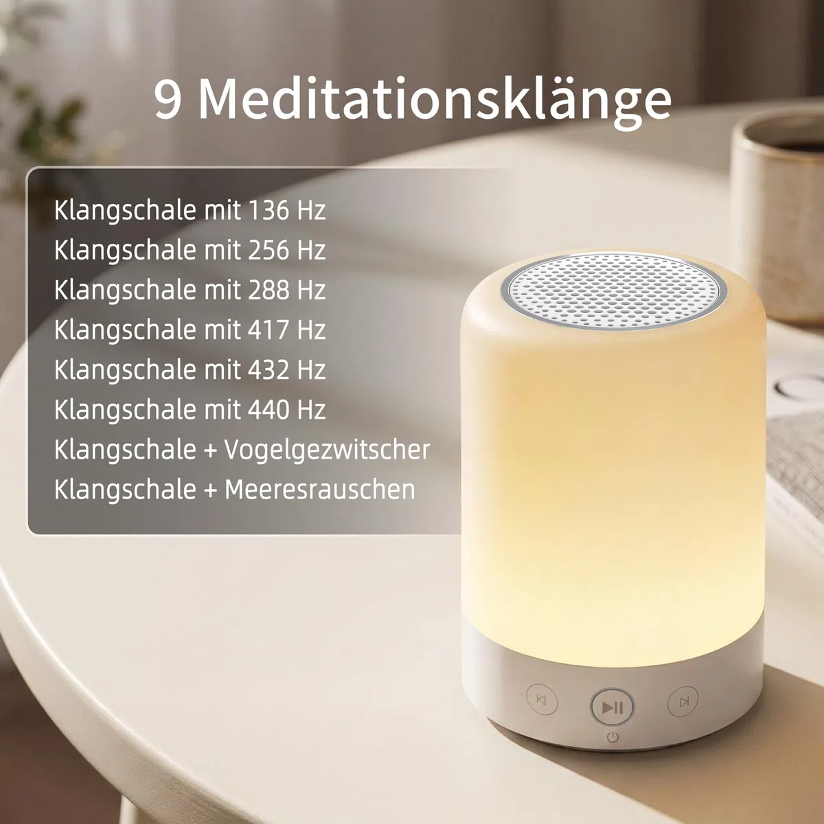 Kipcush Automatische tibetische Meditationsschale – tragbar, wiederaufladbar, mit 9 Klängen, Nachtlicht und Sprach-Timer für Yoga, Schlaf, Chakra und Stressabbau