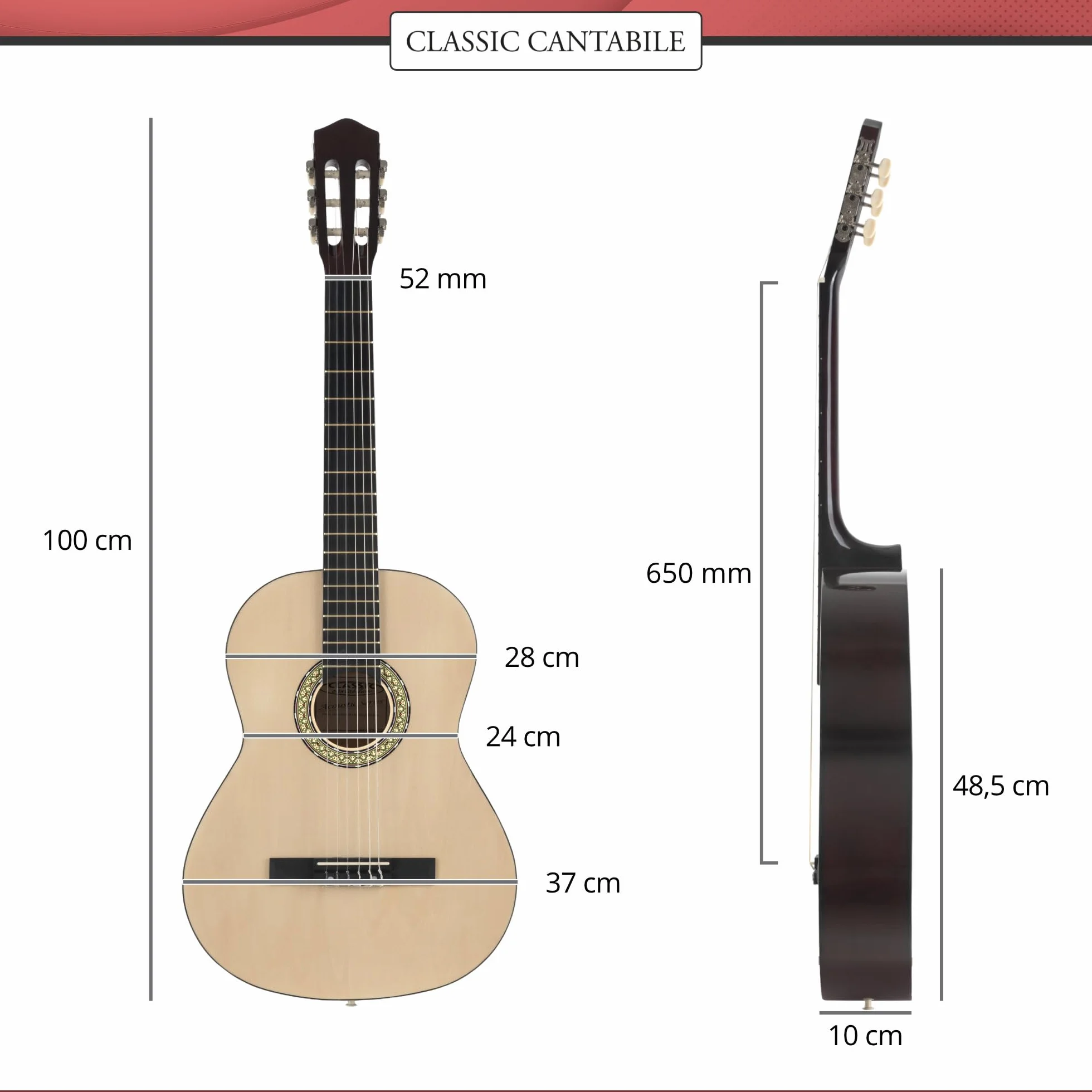 Classic Cantabile AS-851 Linkshänder Konzertgitarre 4/4 Starter Set (6 Saiten, Lindenholz, Griffbrett: Blackwood, Zubehörset inkl. Tasche, Schule, Stimmpfeife, Nylonsaiten) natur