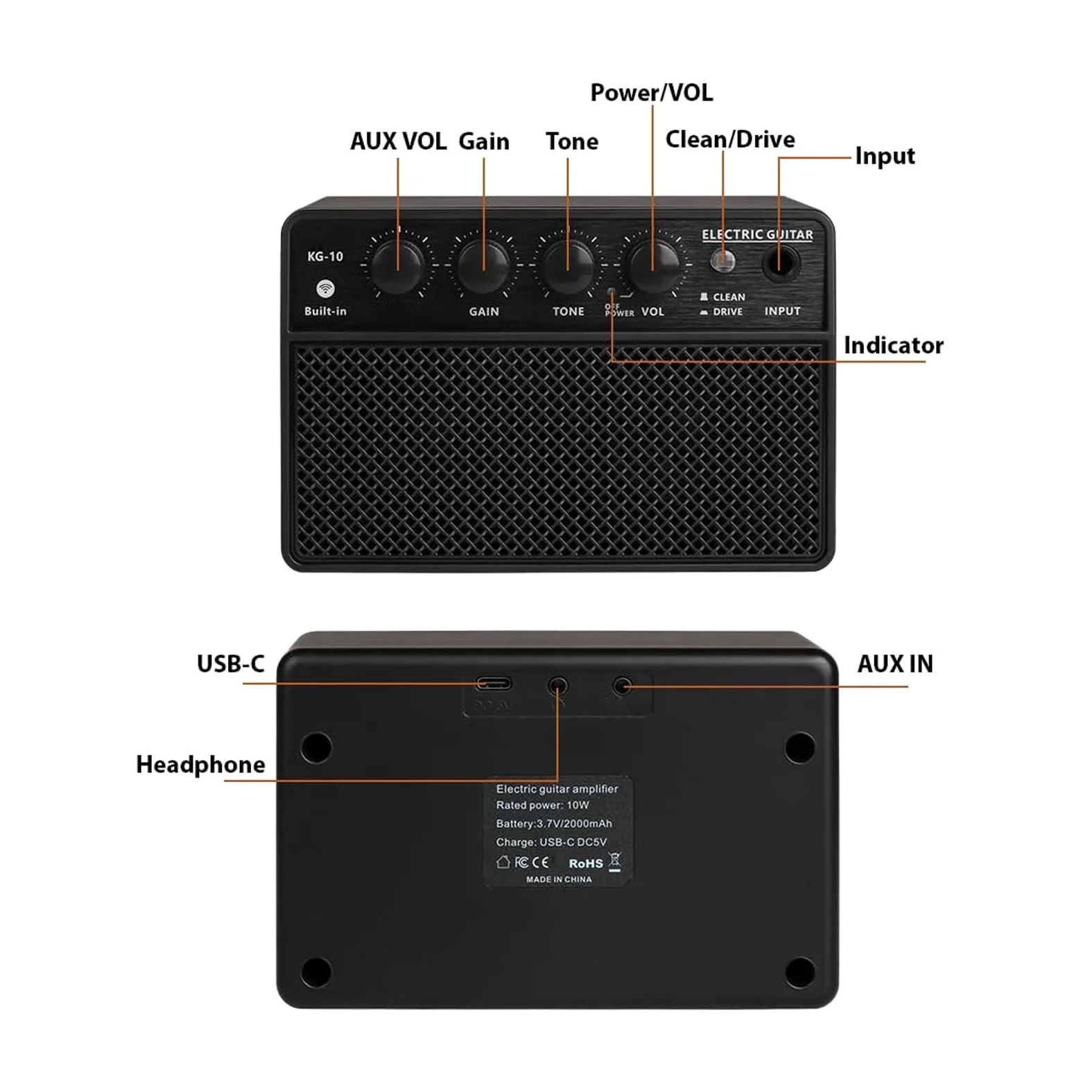 Mini Gitarrenverstärker, tragbar wiederaufladbar E-Gitarren Amp mit 6,35mm Eingang for Anfänger Profis tägliche Übung iOS Android Geräte
