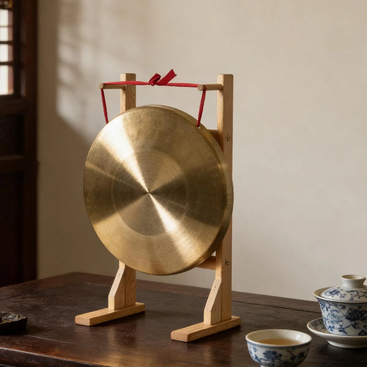 Gongständer Aus Holz für Gongs bis 40 Cm (15,75 Zoll), Vielseitig Einsetzbar, Tragbar, Als Präsentationsständer Oder Windspielständer für Schreibtisch