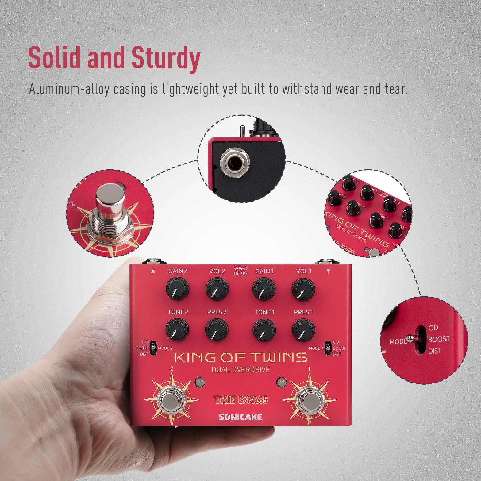 SONICAKE Overdrive Pedal Dual Channel, Overdrive/Boost/Distortion 3 Modi Reine Analogschaltung True Bypass 4 Regler pro Kanal QDS-08