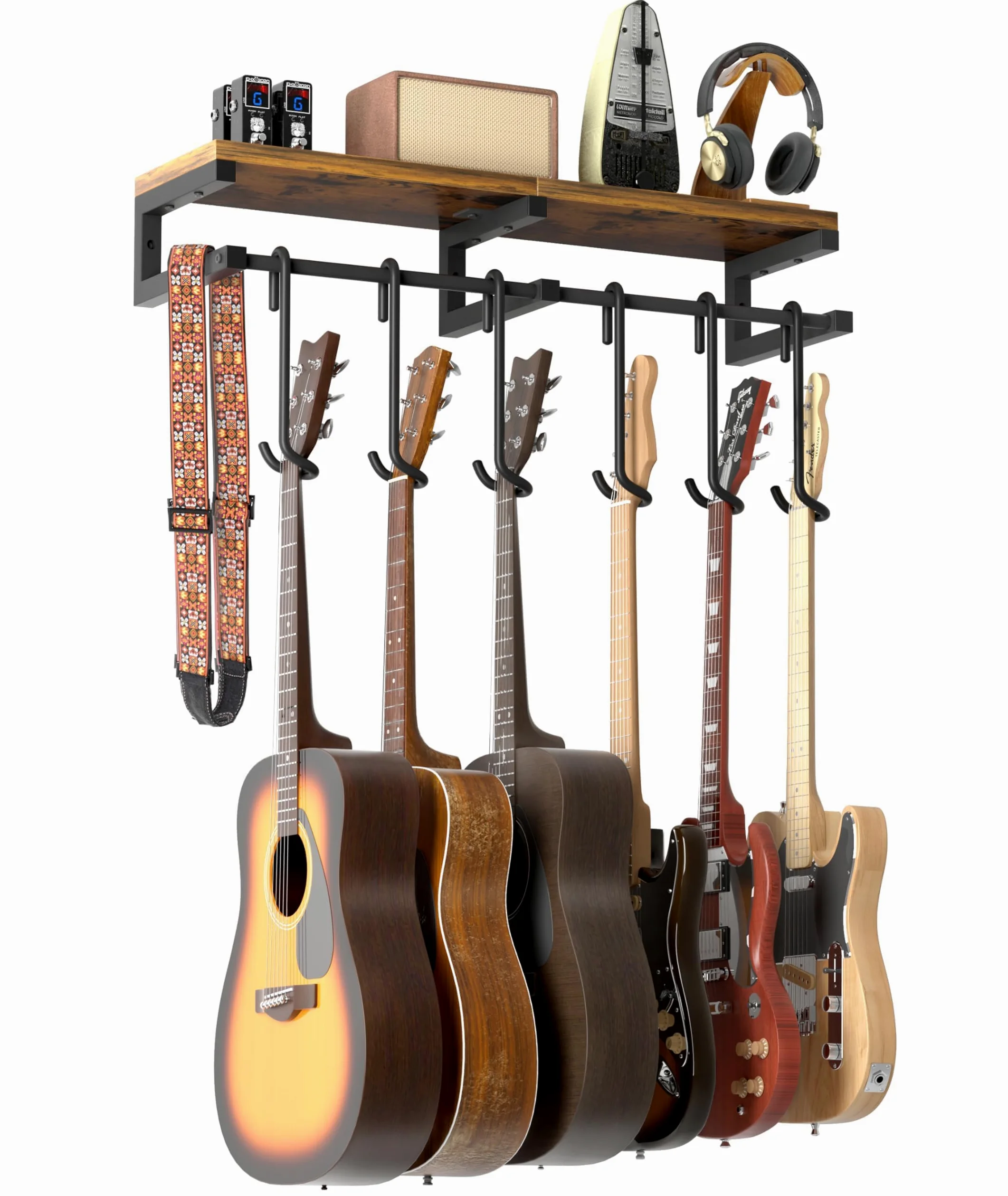 Gitarrenhalter für die Wand, 6 Gitarren Wandhalterung, Wandhalterung Gitarre mit Groß Regal, Gitarrenhalter Wand für Akustikgitarre Bass e Gitarre Ukulele Ständer Zubehör Double-Sided