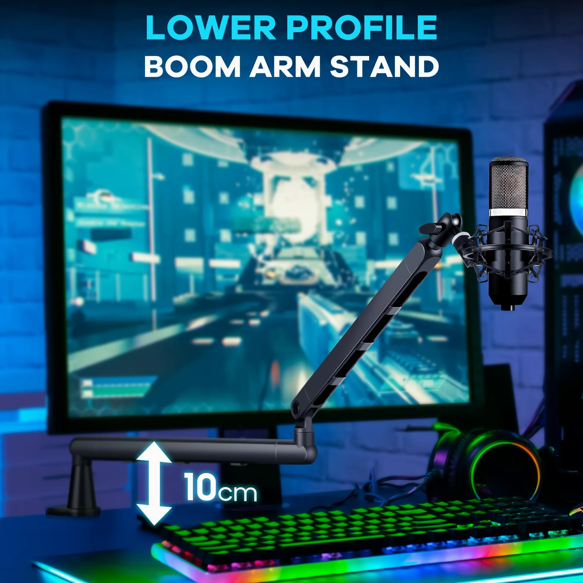 CAHAYA Mikrofon Arm Boom Arm Professionelle: Low Profile Verstellbarer Mikrofonarm mit Verlängerungsstange, Unter-Bildschirm-Design für Streaming & Recording, Tragkraft bis 2,5 kg Mikrofon Schwenkarm