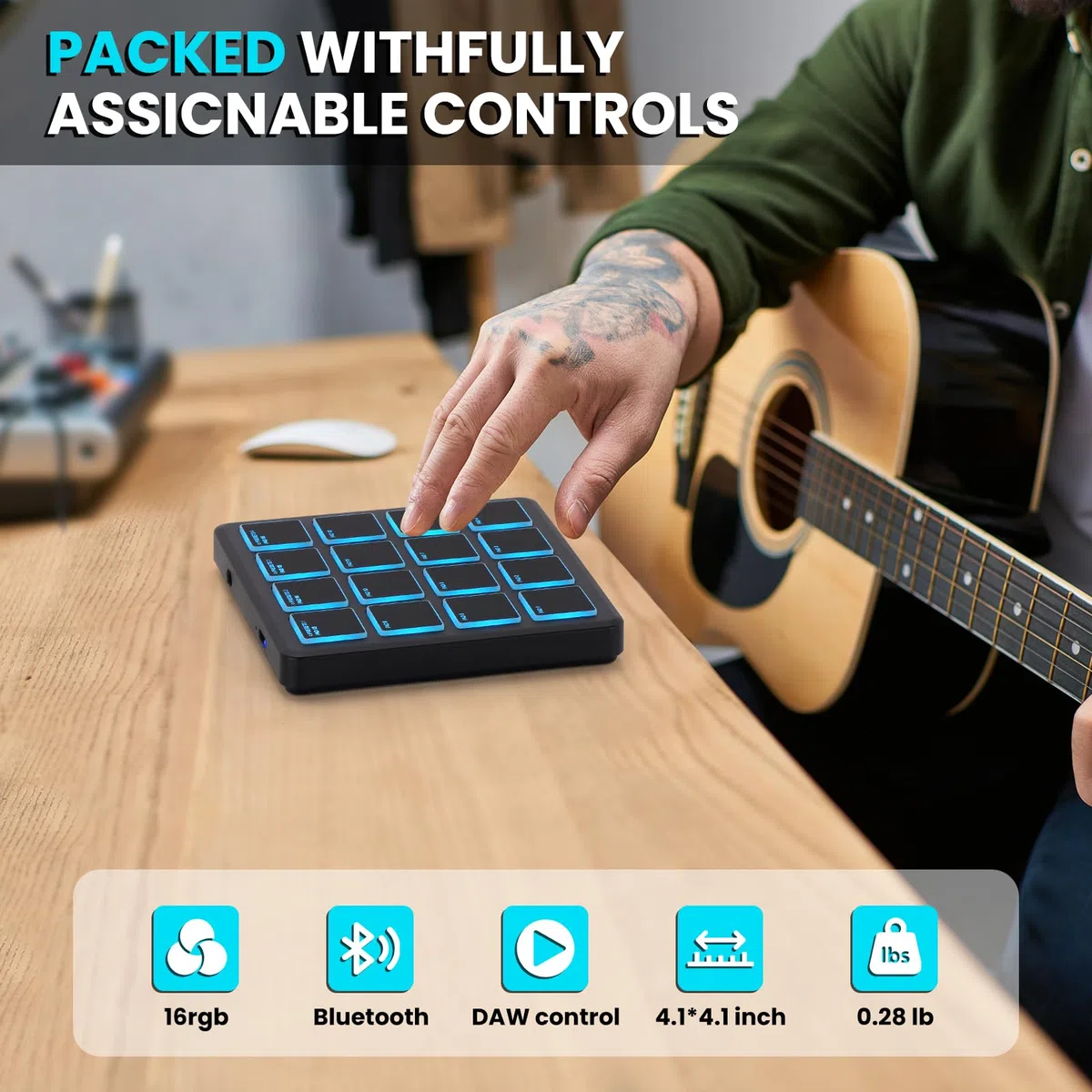 M-WAVE Kabellose MIDI-Controller-Pads, 10,4 x 10,4 cm, 0,1 kg, Bluetooth, tragbarer USB-MIDI-Controller mit 16 MPC-Drum-Pads, Notenwiederholung, volle Level-Tasten, wiederaufladbarer Akku (schwarze