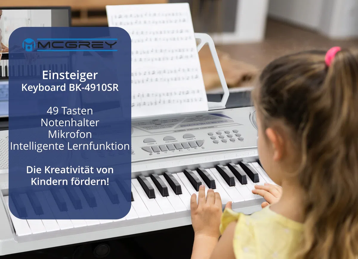 McGrey BK-4910SR Keyboard - Einsteiger-Keyboard 49 Tasten - mit 16 Sounds & 10 Rhythmen - 8 Percussion-Sounds & 6 Demo-Songs - Mikrofon & Notenhalter - Silber