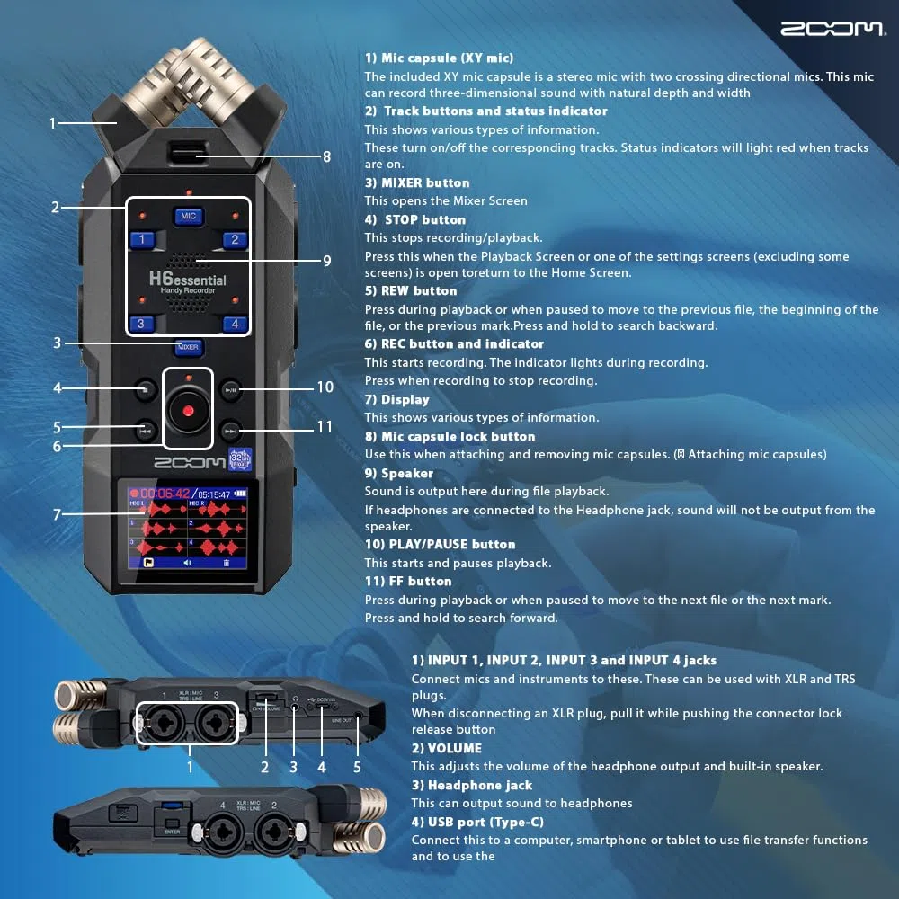 Zoom H6essential Tragbarer Studio-Recorder, H6E 32-Bit Float, 6-Spur-Recorder, 4XLR/TRS mit 64GB SD, Stativ, Kopfhörer mit Mikrofon, Batterien und mehr für Musiker, Podcaster, Filmemacher