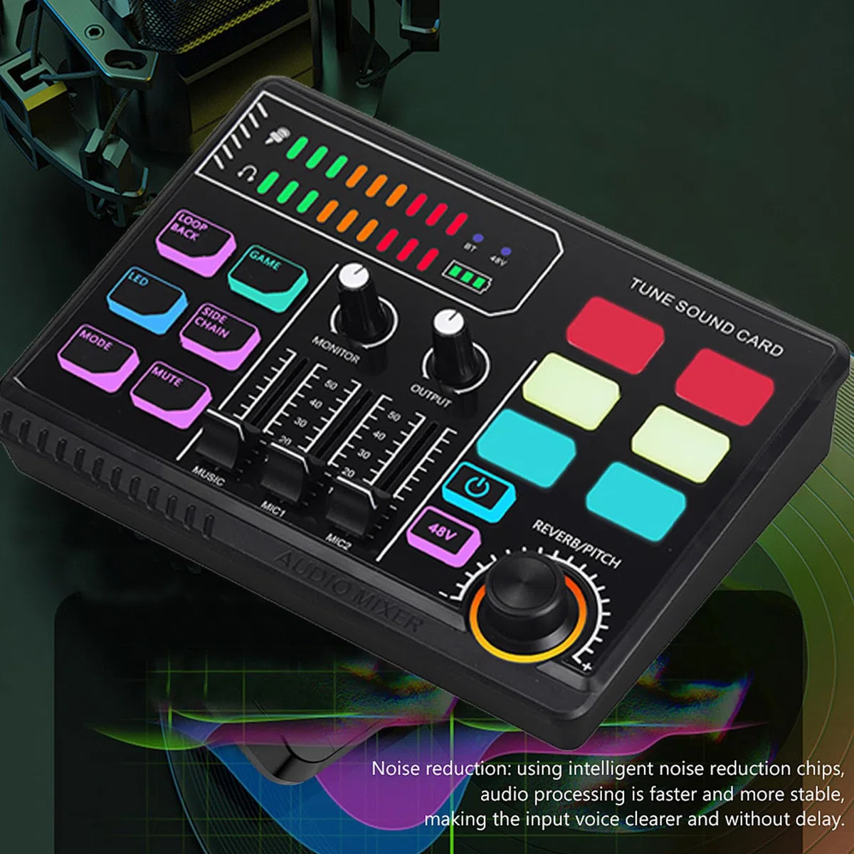 Gaming Audio Mixer,RGB Mischpult für XLR Mikrofon PC Mixer for Streaming mit 48 V Phantom Power,DIY Sound Effects,Volume Control für Streaming Musiker,Gesang,Gaming,Podcast, Aufnahme