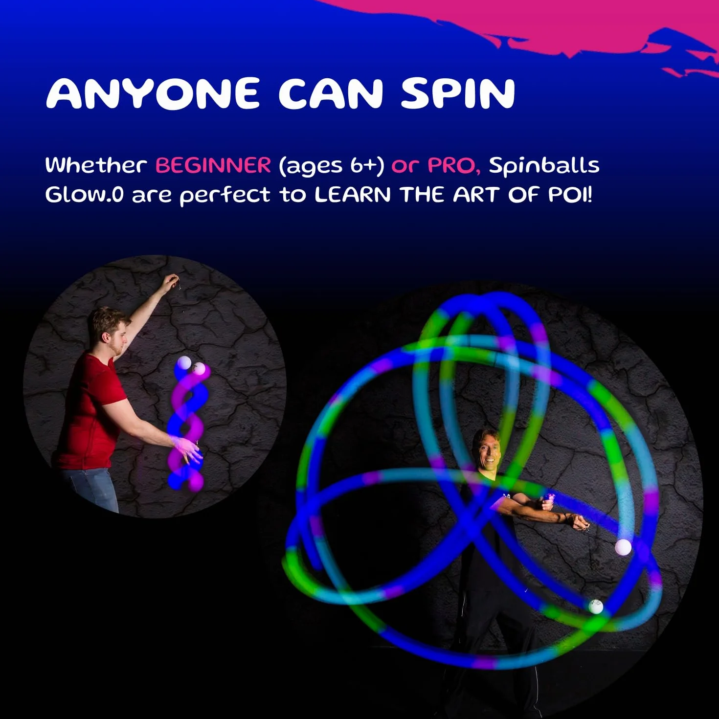 Spin Balls Glow.0 LED Poi – USB-aufladbar, Poi Ball mit 22 Farb- und Lichtmodi & Mustern, haltbarer weicher Kern, verstellbare Schnüre & doppelter Griff