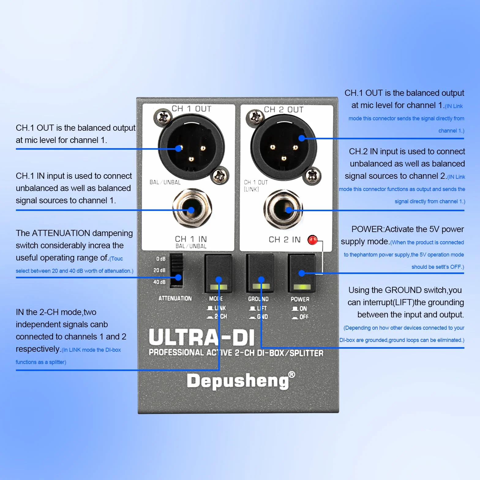 Depusheng Ultra-DI Di2 Professional Active 2-Channel DI-Box/Splitter w/Input Attenuator to Connect Guitar & Bass,Connector to Balanced & Unbalanced，Support 48V power supply