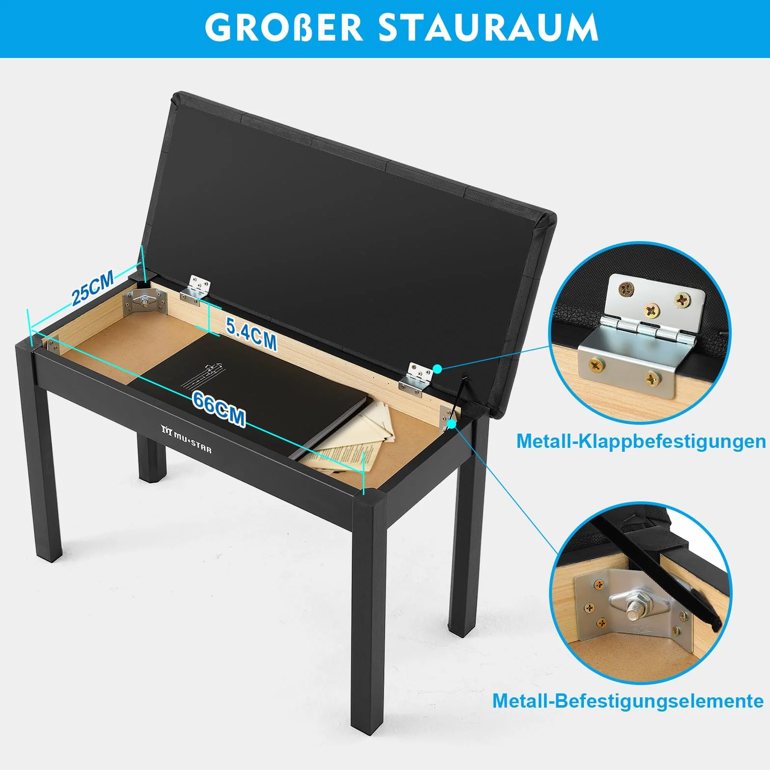 MUSTAR Pianobank mit Stauraum, 74cm Großer Sitz Massivholz Keyboard Bench, Digital Piano Stool aus Weichem Kunstleder, Schwarz