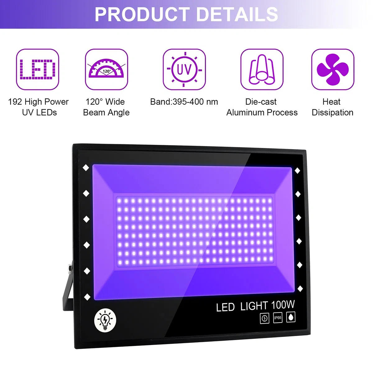 LED Schwarzlicht Strahler, 100W UV Party Scheinwerfer, Blacklight Mit Kabel Fluter IP66 Wasserdicht Lampe für Halloween Aquarium Konzert Party, Bar, Neonfarben