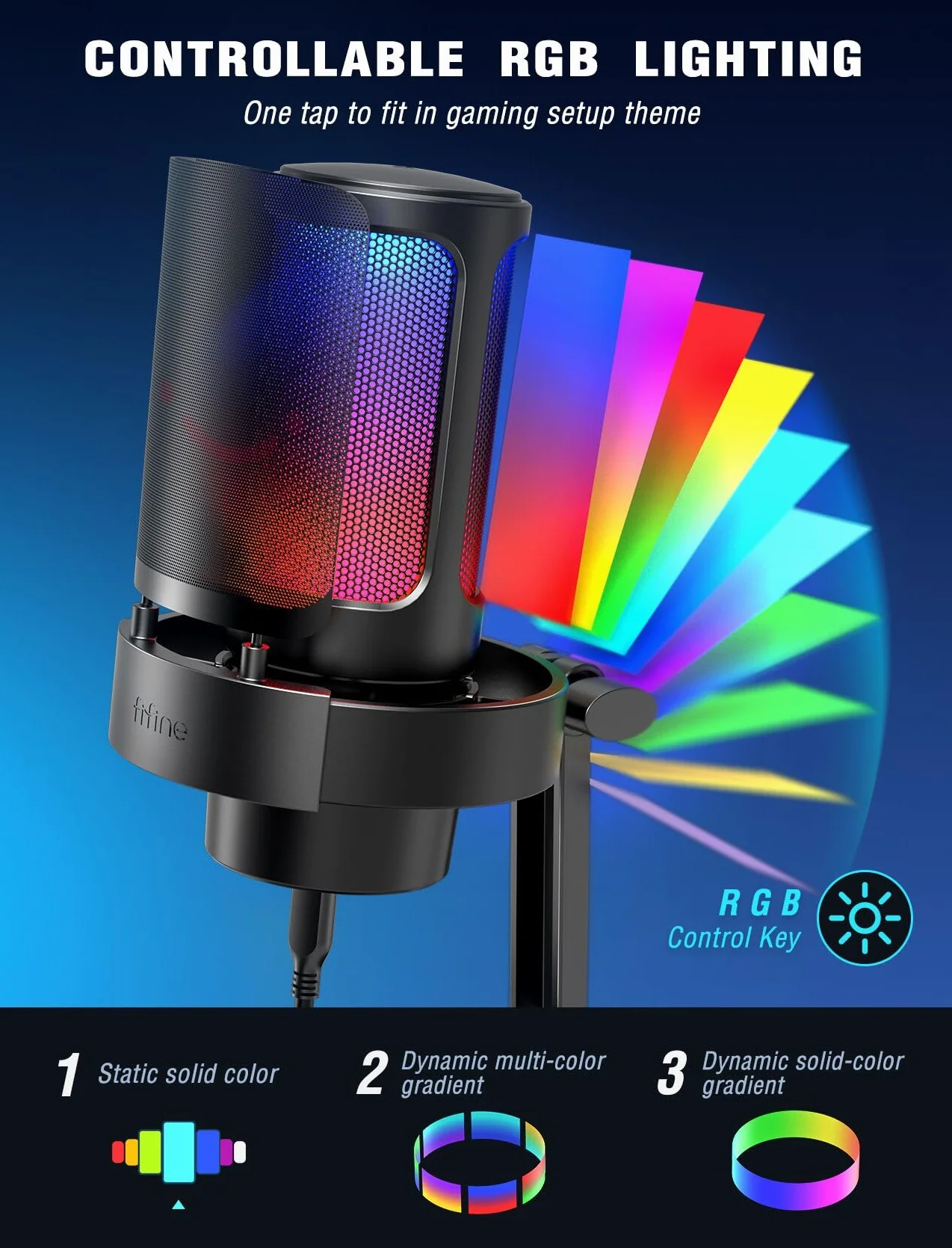 FIFINE USB Mikrofon PC, Gaming Mikrofon für Streaming Podcast Studio, Microphone USBC für PS4 PS5 MAC mit RGB-Steuerung, Stummschalter, Kopfhöreranschluss, Popfilter