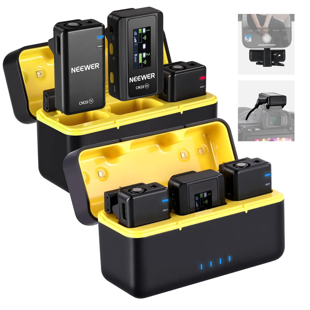 NEEWER CM28 Kabelloses Lavalier Mikrofonsystem mit Ladeetui, Geräuschunterdrückung, 4GB Speicher für 9 Std. unkomprimiertes 48kHz 16Bit Audio Ansteckmikrofon, kompatibel mit iPhone/PC/Kamera, 2er Pack