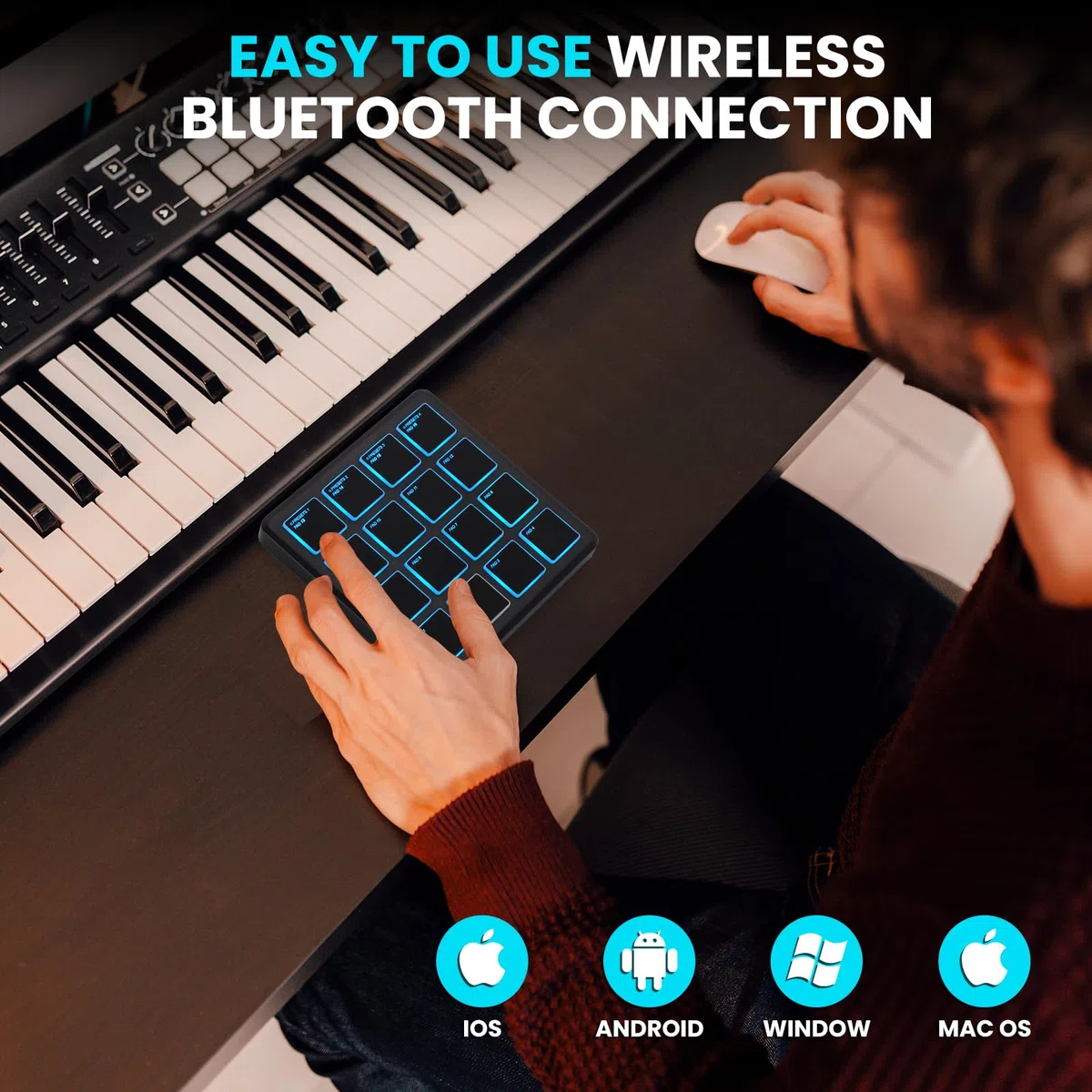 M-WAVE Kabellose MIDI-Controller-Pads, 10,4 x 10,4 cm, 0,1 kg, Bluetooth, tragbarer USB-MIDI-Controller mit 16 MPC-Drum-Pads, Notenwiederholung, volle Level-Tasten, wiederaufladbarer Akku (schwarze
