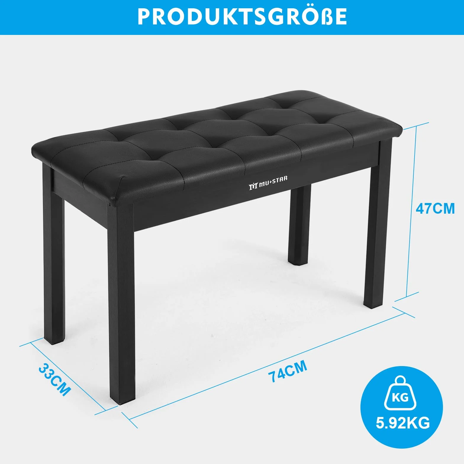 MUSTAR Pianobank mit Stauraum, 74cm Großer Sitz Massivholz Keyboard Bench, Digital Piano Stool aus Weichem Kunstleder, Schwarz